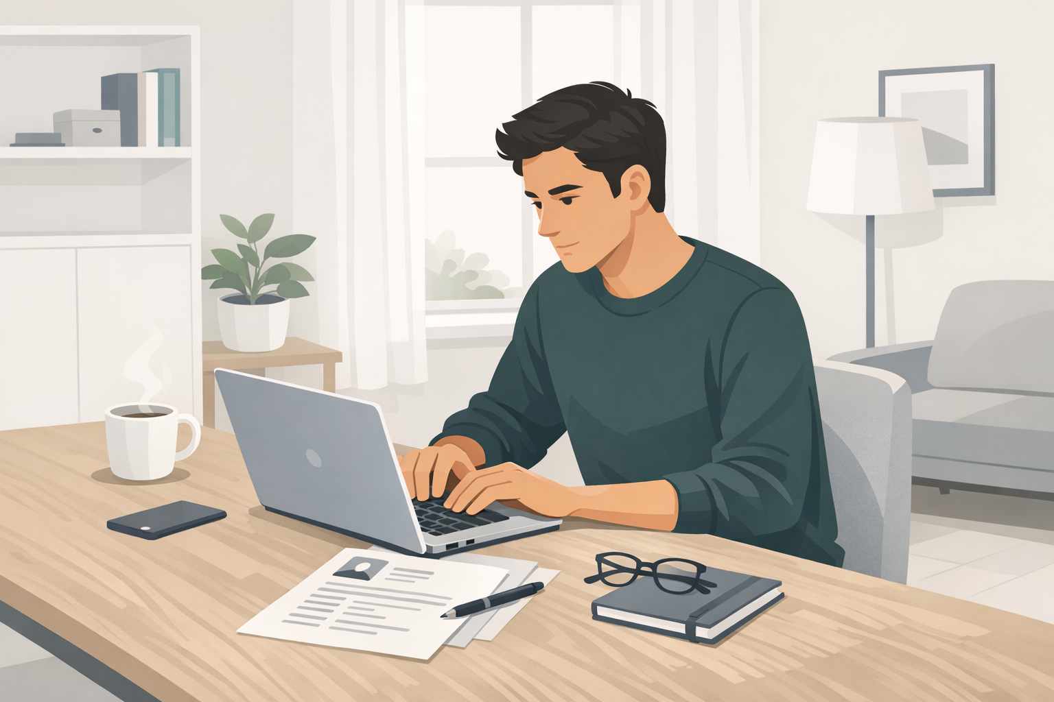 Junger Mann am Laptop formuliert konzentriert seinen Lebenslauf in einem hellen Homeoffice