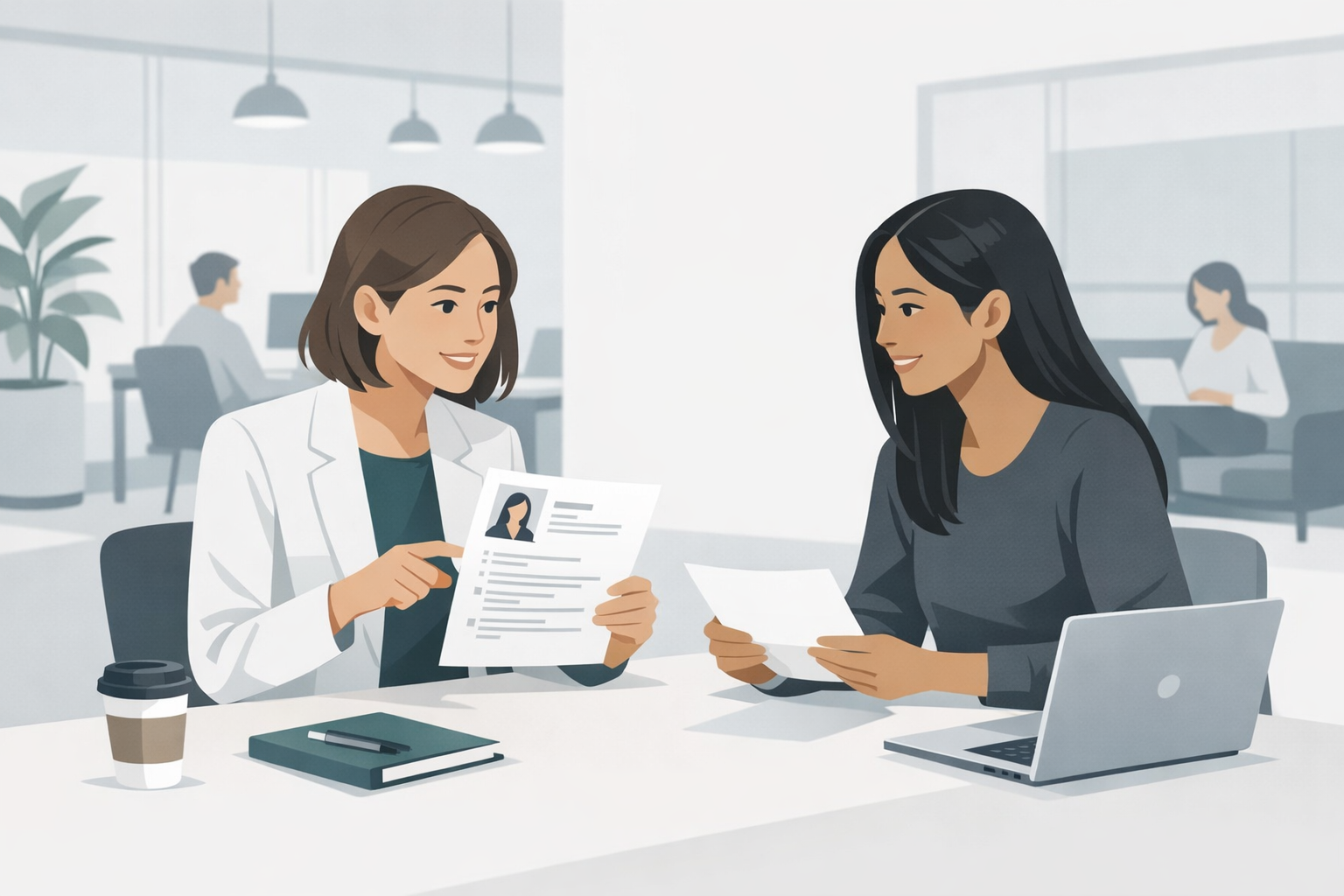 Zwei junge Berufseinsteigerinnen besprechen Bewerbungsunterlagen in einem modernen Coworking-Space