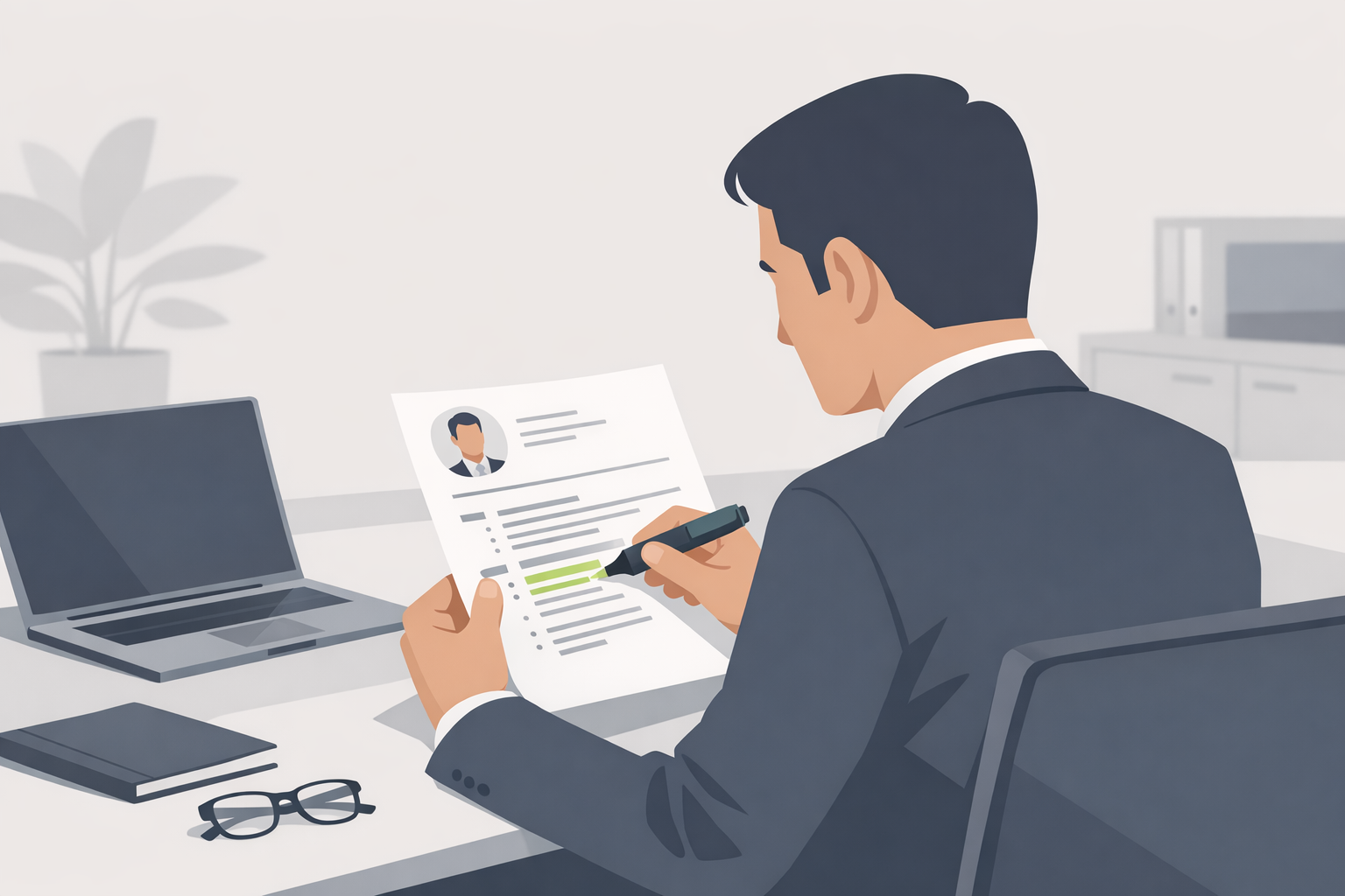 Personaler sichtet einen einseitigen Lebenslauf und macht sich Notizen mit einem Textmarker