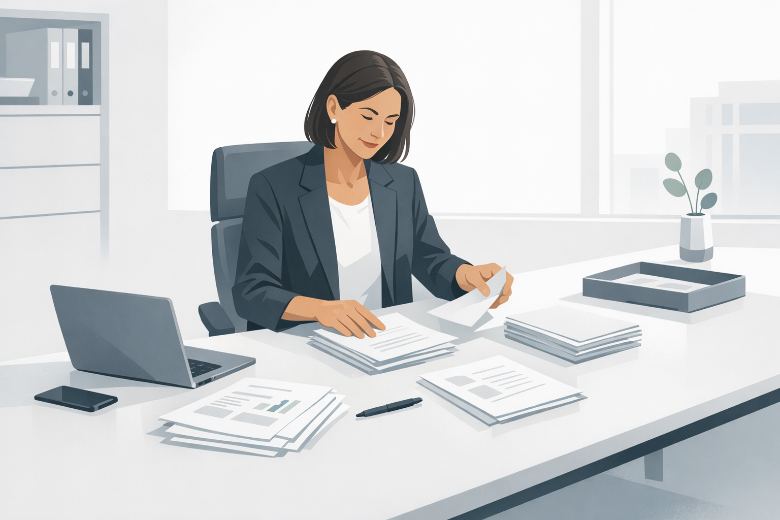 Erfahrene Bewerberin sortiert ausgedruckte Unterlagen auf einem grossen Schreibtisch