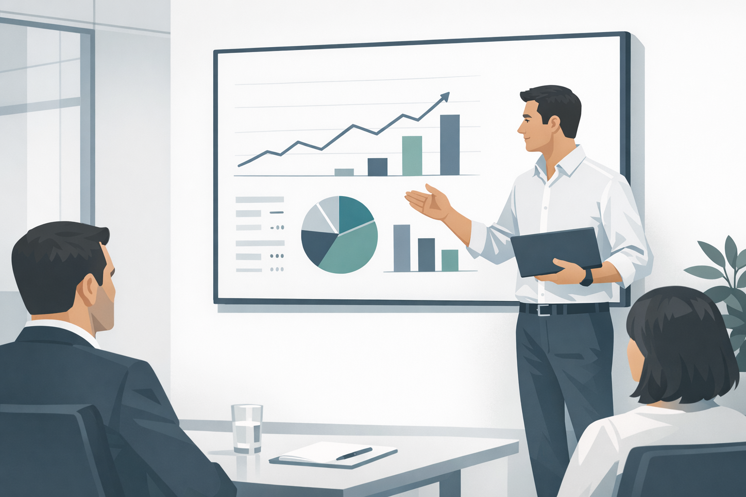 Mann im Hemd praesentiert Geschaeftszahlen auf einem Bildschirm in einem modernen Buero