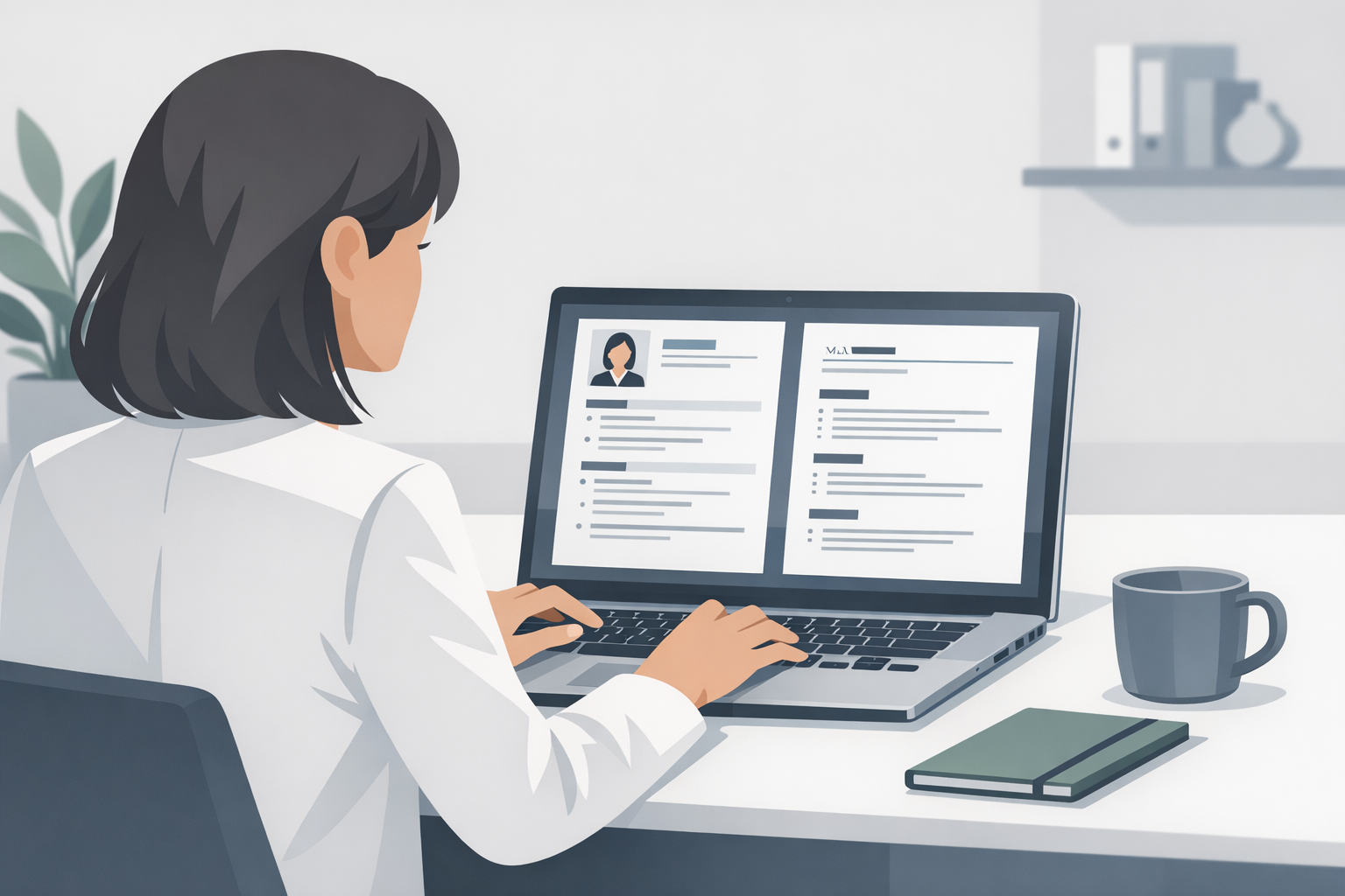 Bewerberin vergleicht zwei verschiedene Lebenslauf-Layouts auf ihrem Laptop
