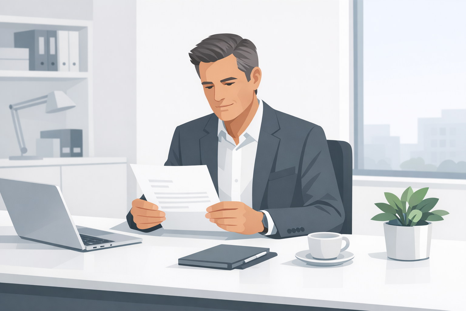 Personaler liest ein Anschreiben an einem aufgeraeumten Schreibtisch in einem hellen Buero