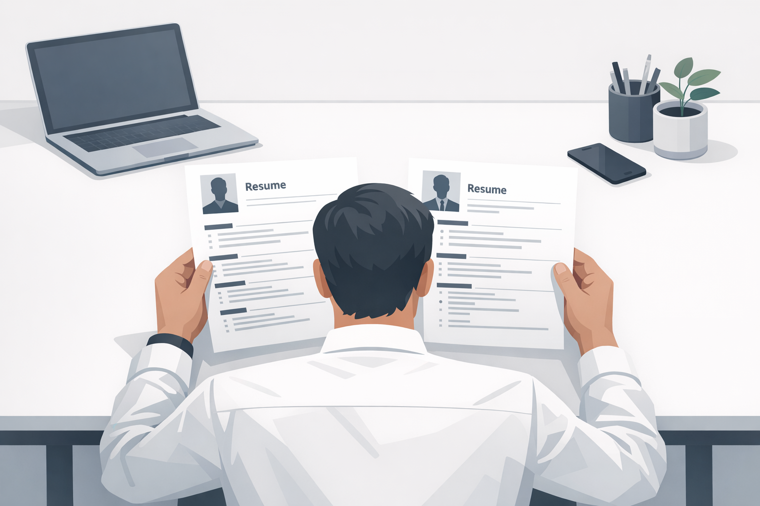 Bewerber vergleicht zwei ausgedruckte Lebenslauf-Versionen nebeneinander auf einem Tisch