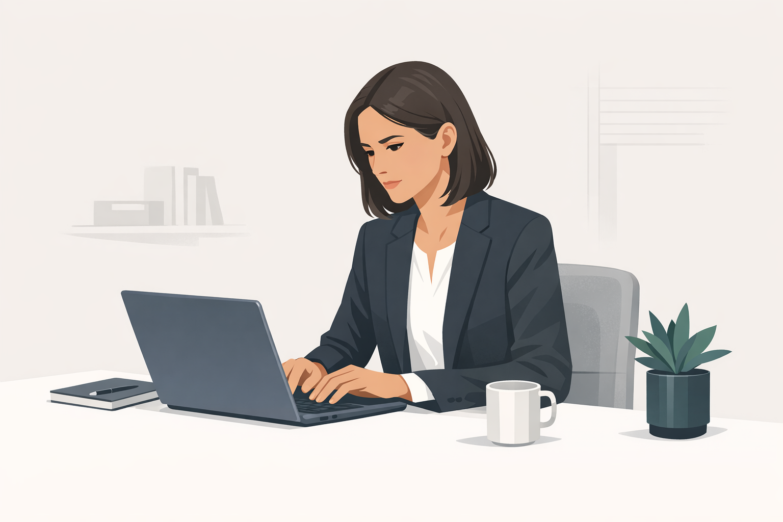 Frau im Business-Outfit schreibt konzentriert ein Bewerbungsanschreiben am Laptop