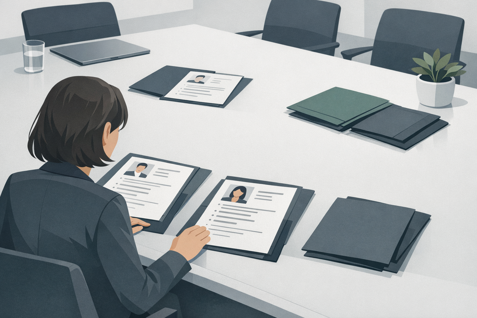 Recruiter betrachtet verschiedene Bewerbungsmappen auf einem grossen Konferenztisch