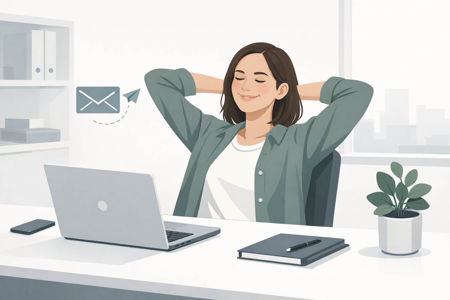 Junge Frau laechelt erleichtert am Laptop nachdem sie ihre Bewerbung abgeschickt hat