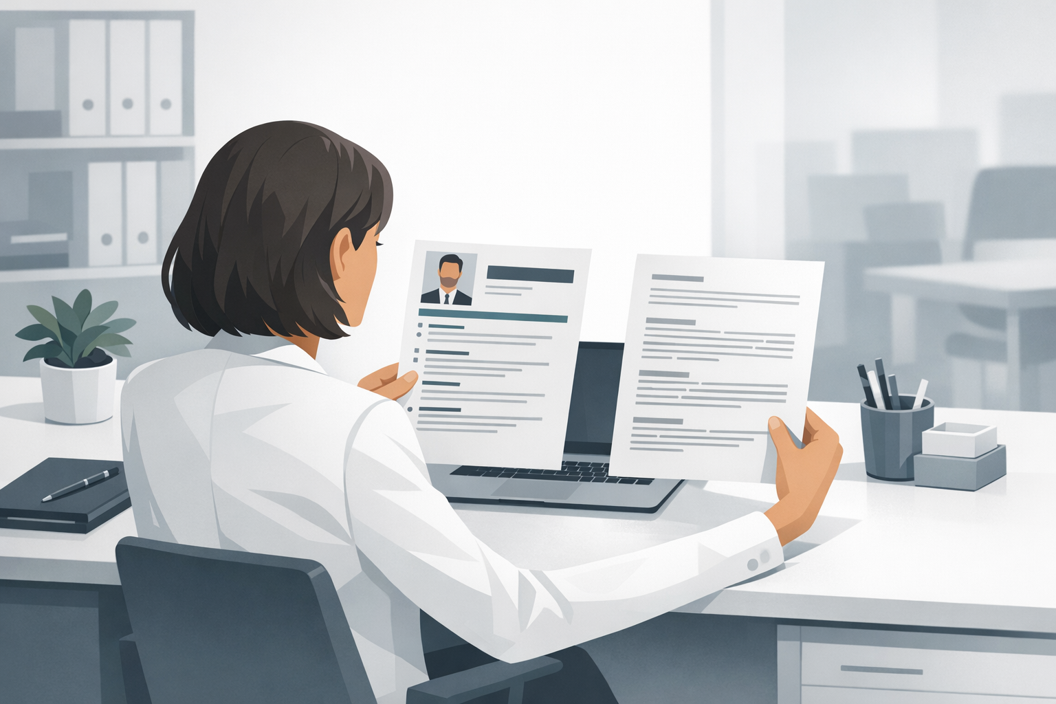 HR-Manager vergleicht zwei unterschiedlich gestaltete Bewerbungen nebeneinander am Schreibtisch