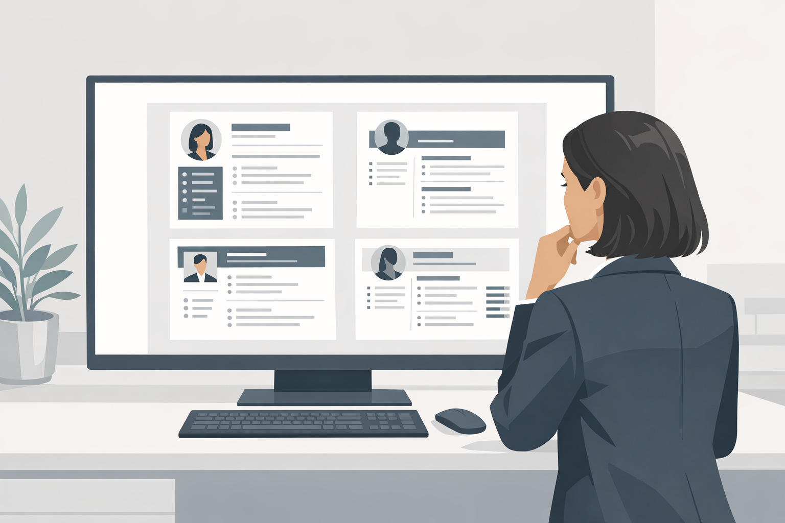 Bewerberin in Businesskleidung betrachtet verschiedene Lebenslauf-Designs auf einem grossen Monitor