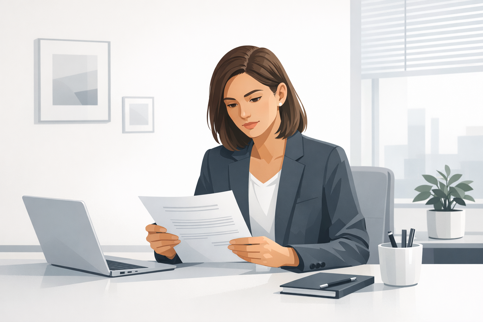 Junge Frau im Blazer sitzt an einem Schreibtisch und liest aufmerksam ein offizielles Dokument