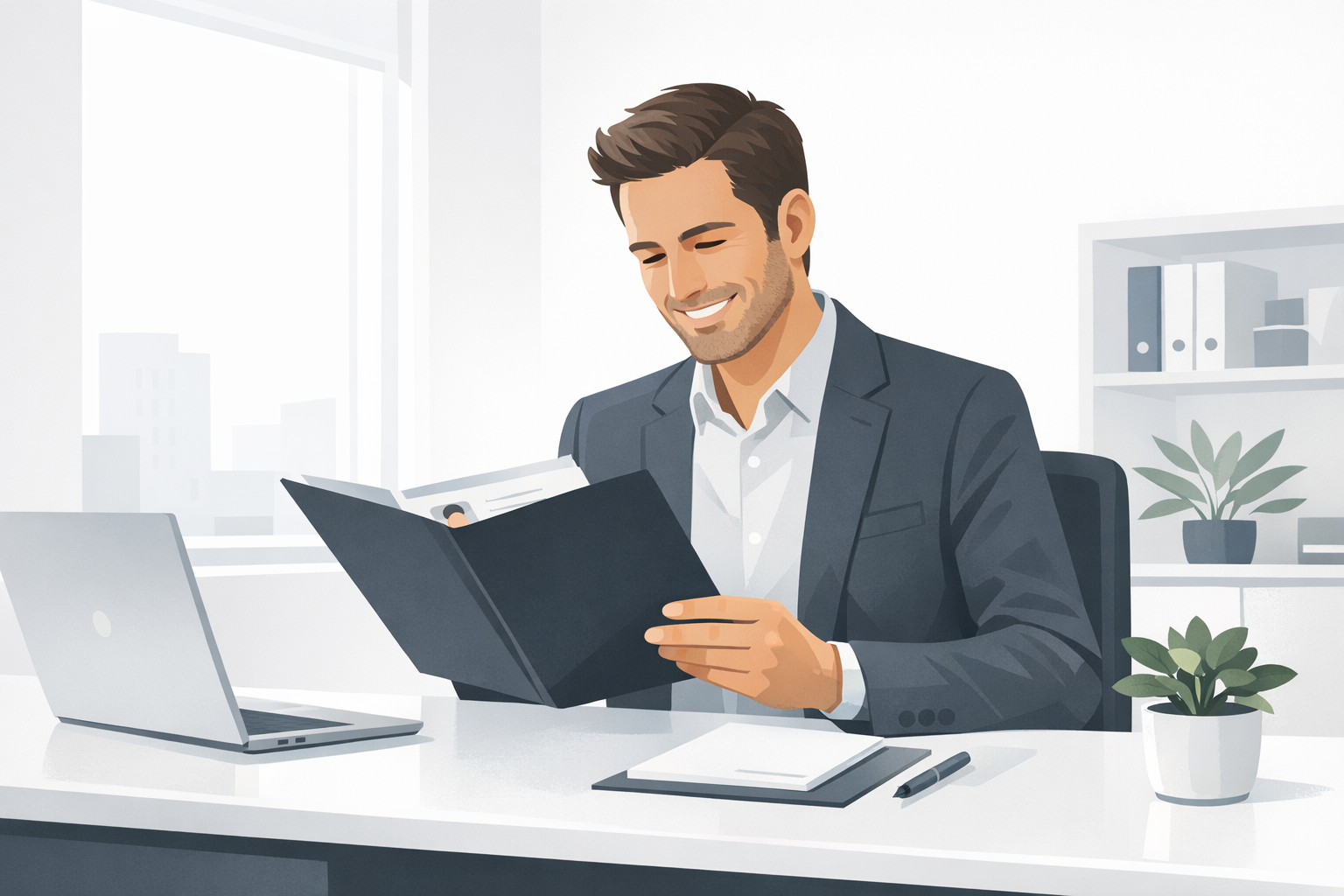 Personaler laechelt beim Betrachten einer Bewerbungsmappe in einem hellen Buero