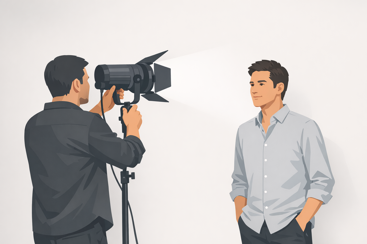 Fotograf richtet Studioleuchte auf jungen Mann im Hemd vor neutralem Hintergrund