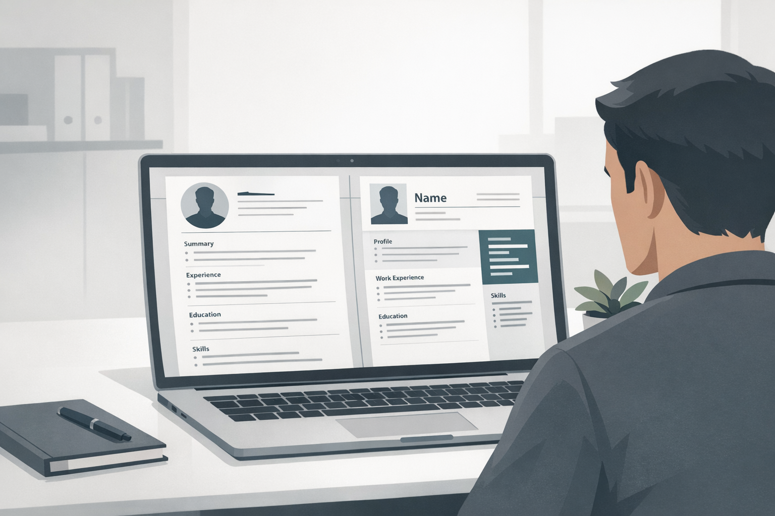 Bewerber vergleicht am Laptop zwei verschiedene Lebenslauf-Designs nebeneinander