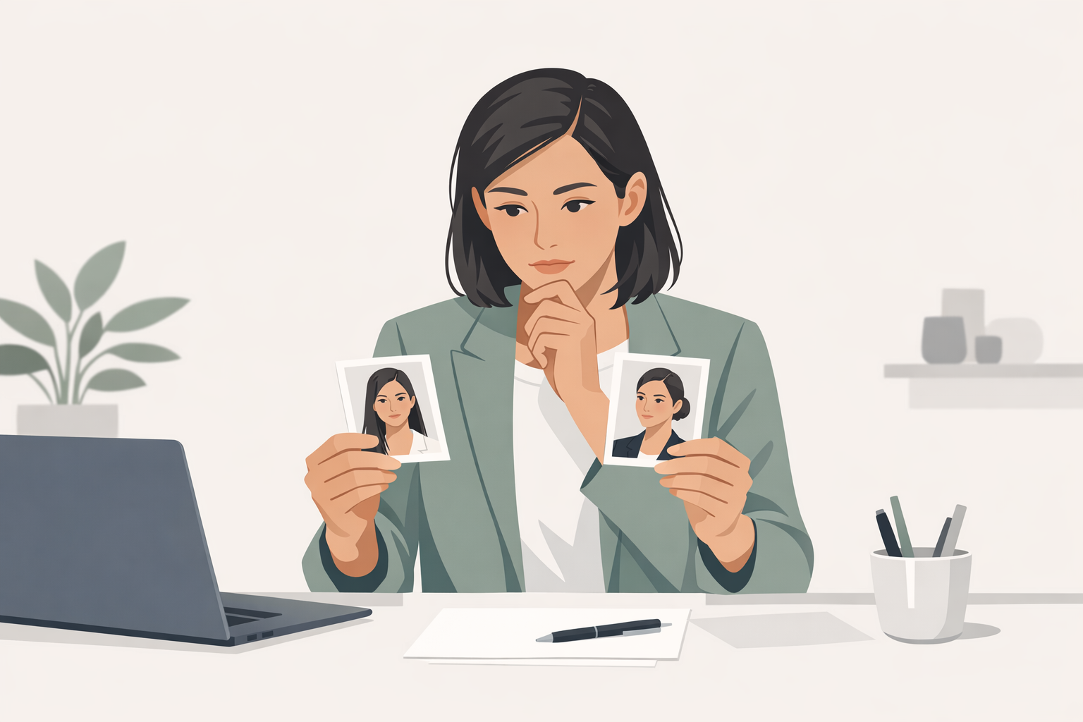 Junge Frau vergleicht zwei ausgedruckte Bewerbungsfotos in der Hand und ueberlegt