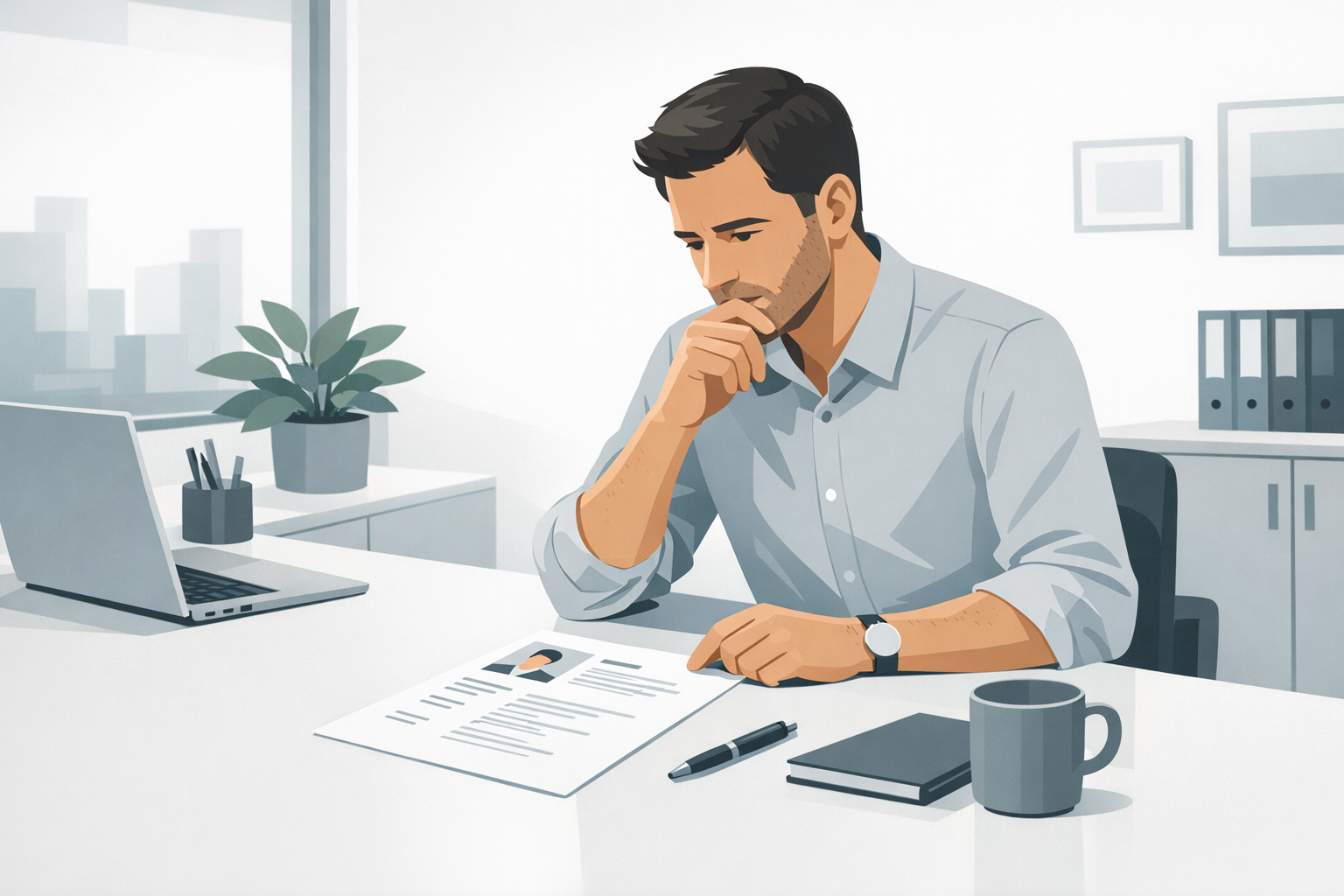 Recruiter betrachtet nachdenklich einen ausgedruckten Lebenslauf auf seinem Schreibtisch