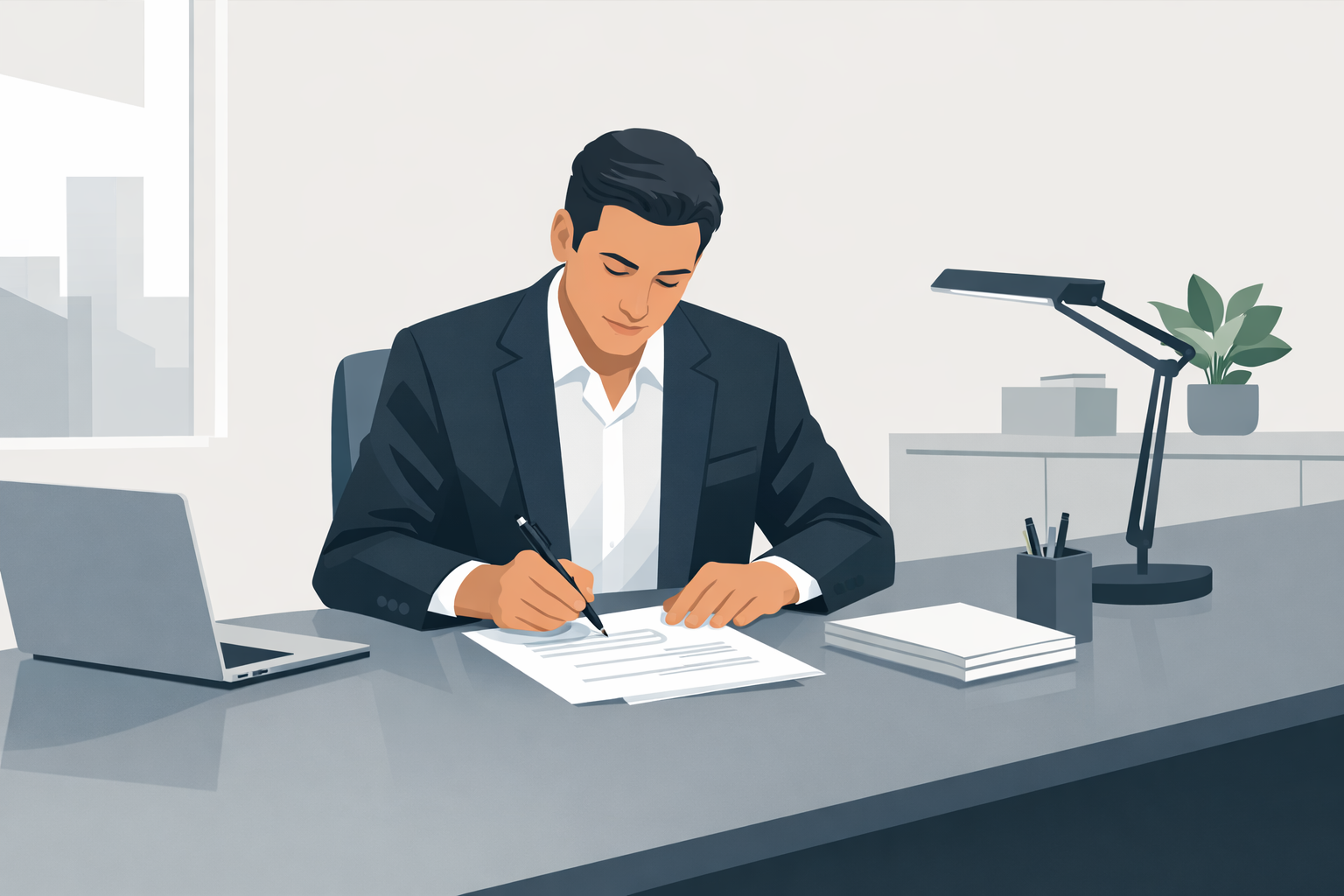 Geschäftsmann im dunklen Blazer sitzt an einem grossen Schreibtisch und ueberarbeitet ein Dokument