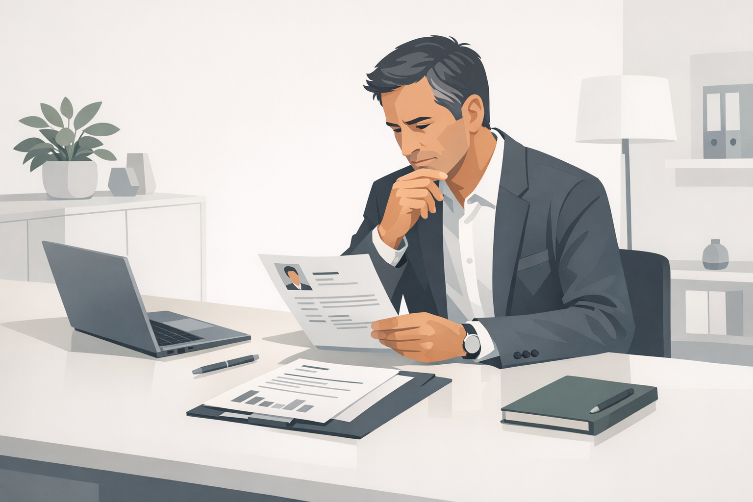 Karriereberater betrachtet aufmerksam Bewerbungsunterlagen auf einem hellen Schreibtisch in einem gepflegten Beratungsbuero