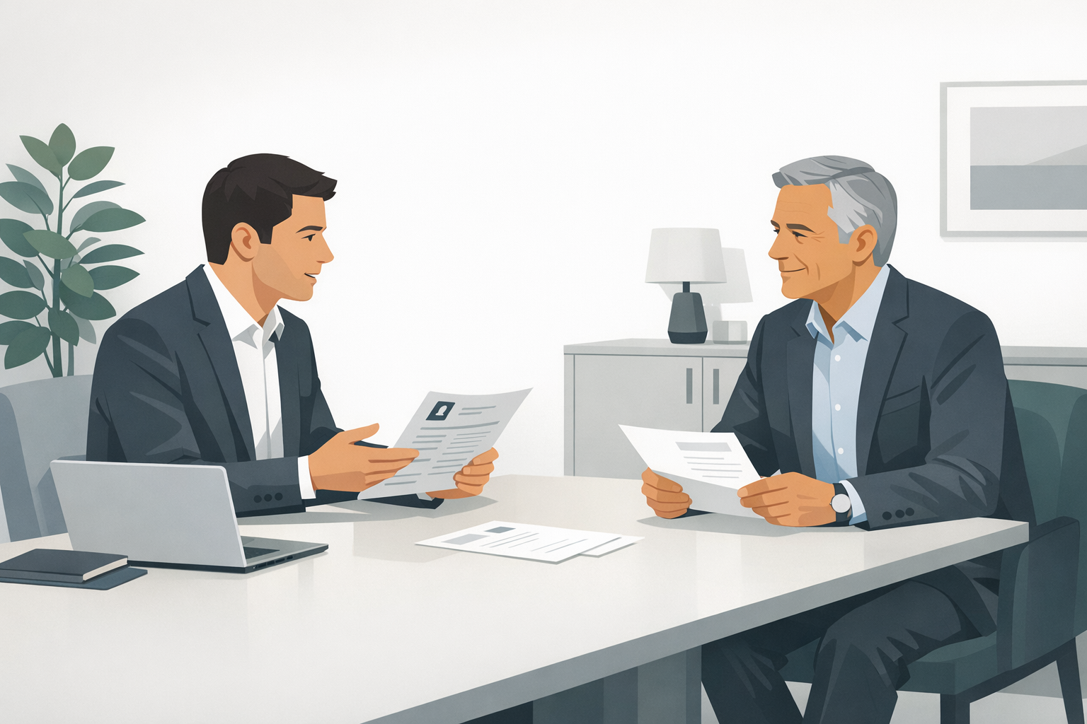 Karriereberater und erfahrene Fuehrungskraft besprechen Bewerbungsunterlagen einander gegenueber in einem ruhigen gepflegten Besprechungszimmer