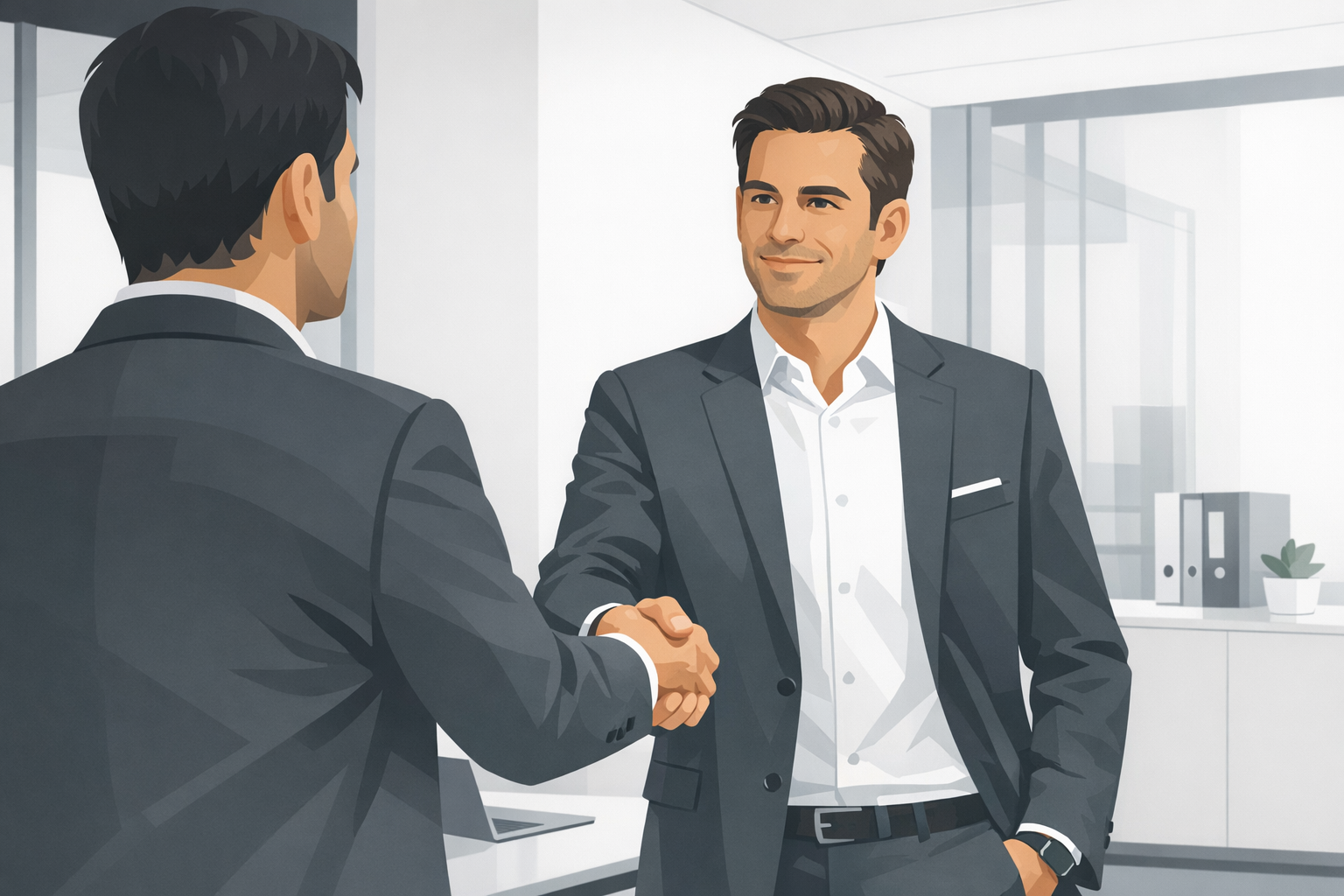 Mann im Business-Outfit reicht einem Gespraechspartner selbstbewusst die Hand in einem hellen Buero