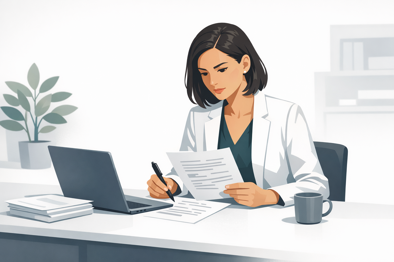 Frau im Business-Outfit sitzt am Laptop und korrigiert ein Dokument mit konzentriertem Blick