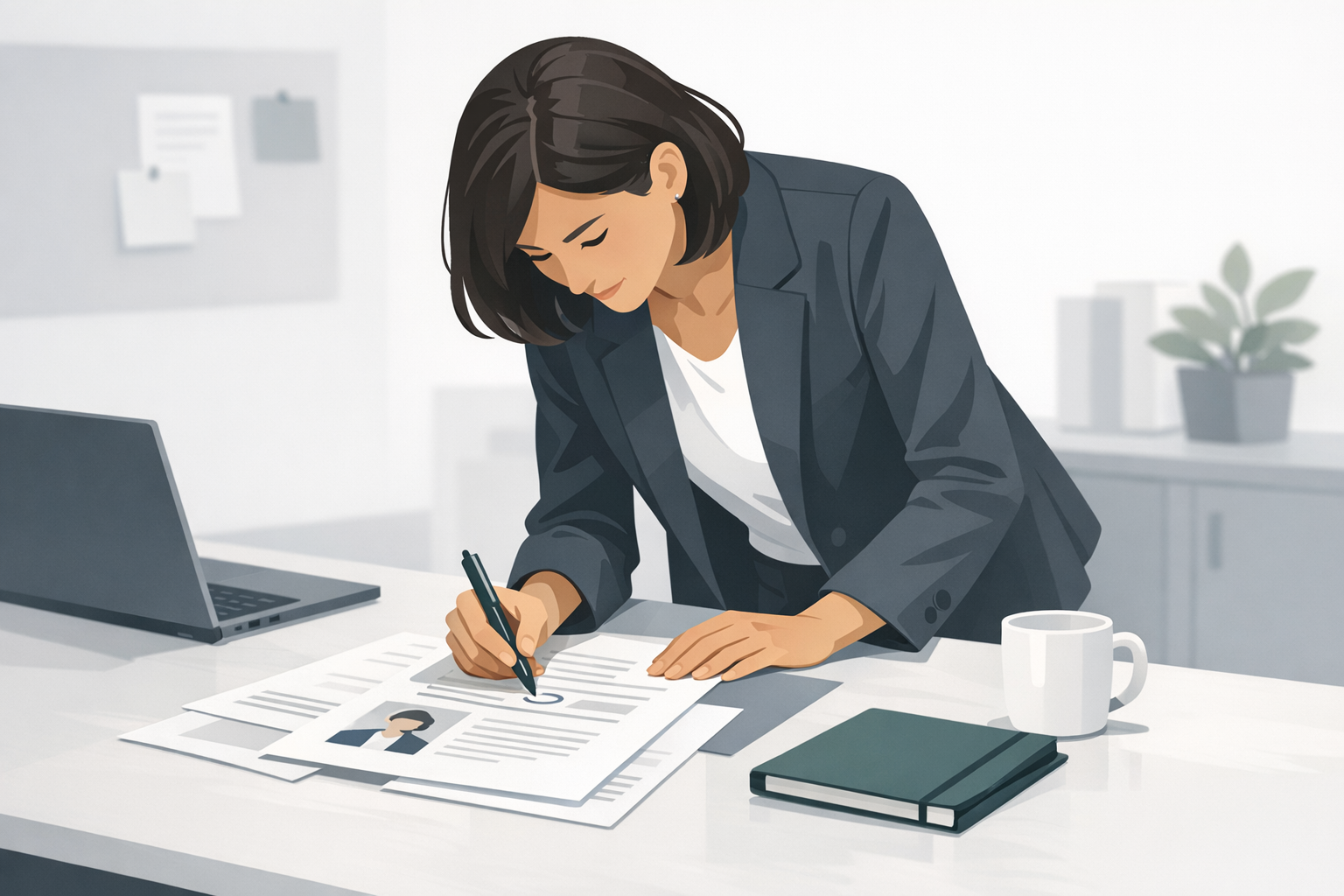 Recruiter beugt sich ueber Unterlagen und markiert eine Stelle mit einem Stift in einem Buero