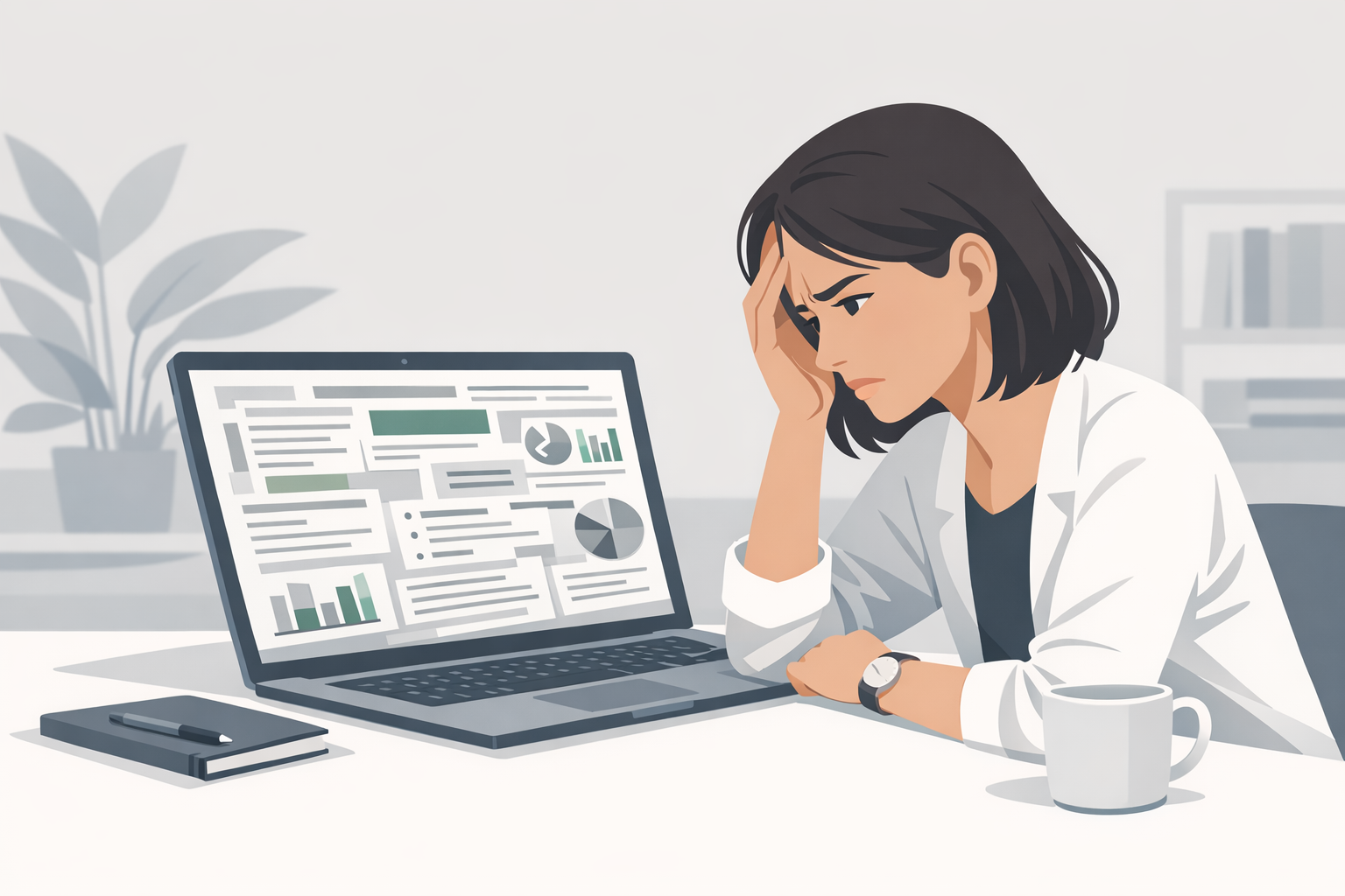 Bewerberin sitzt frustriert vor dem Laptop und betrachtet ein unuebersichtliches Dokument auf dem Bildschirm