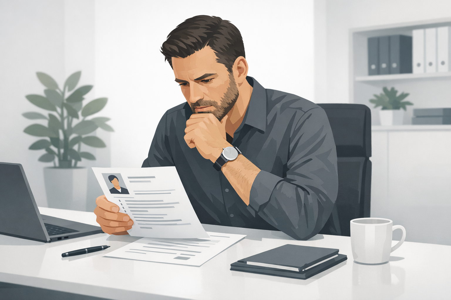 Personaler betrachtet aufmerksam einen Lebenslauf auf dem Schreibtisch mit konzentriertem Blick