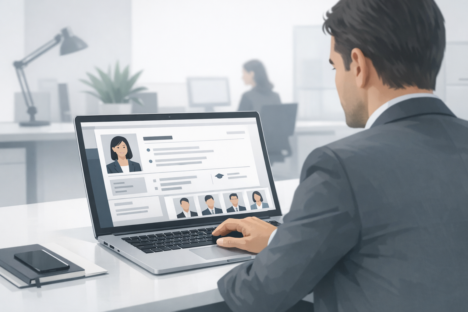 Recruiter scrollt am Laptop durch eine digitale Bewerbungsmappe in einem modernen Buero