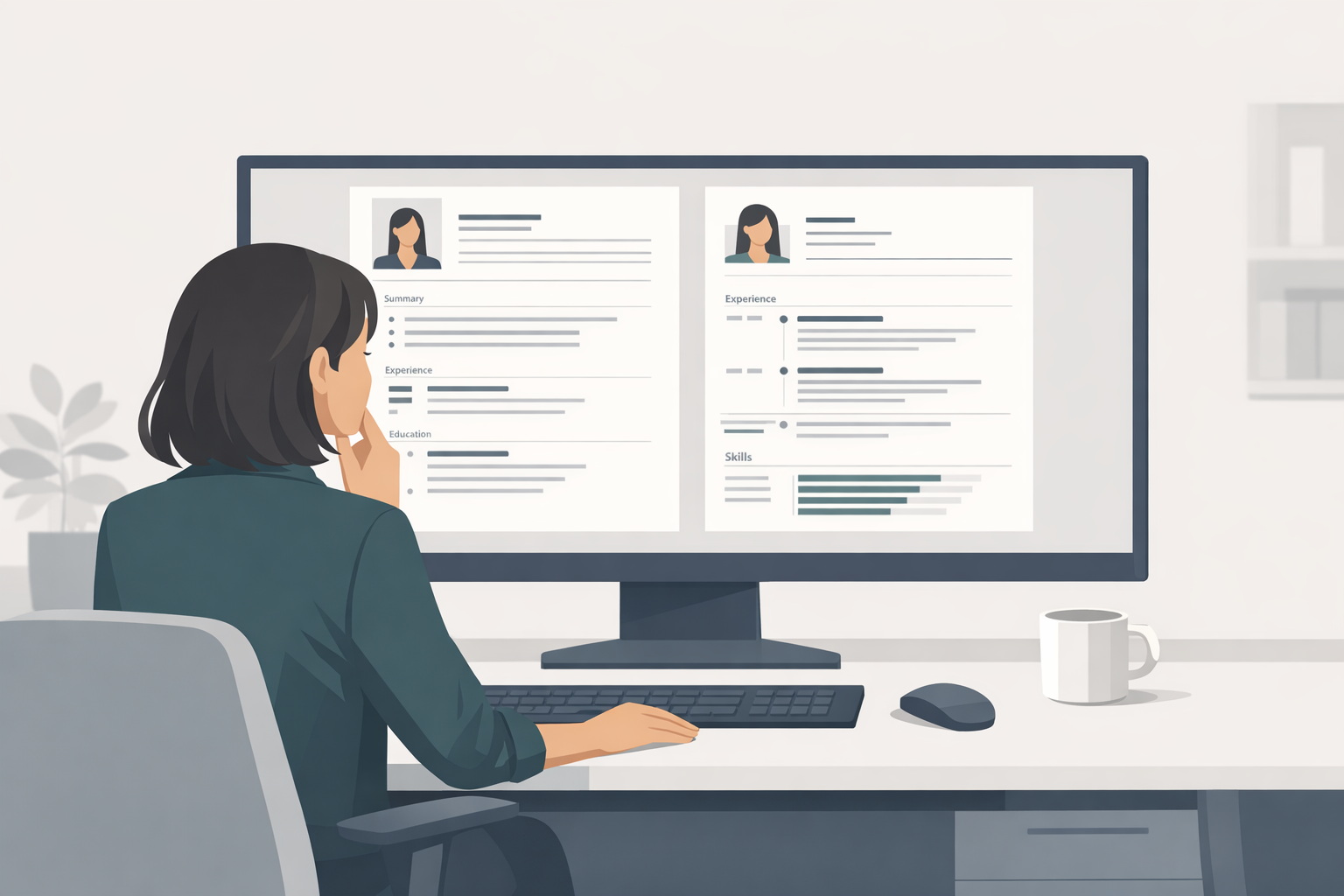 Junge Frau vergleicht zwei verschiedene Lebenslauf-Layouts nebeneinander auf einem grossen Bildschirm