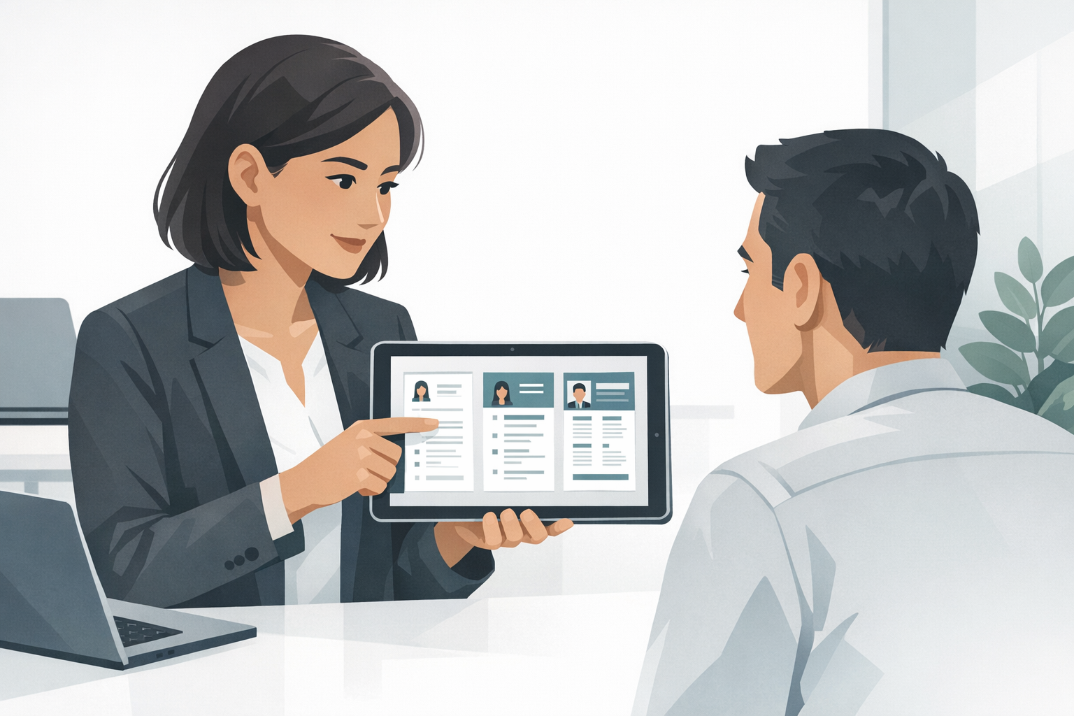 Bewerberin im Blazer zeigt einem Kollegen verschiedene Lebenslauf-Varianten auf einem Tablet