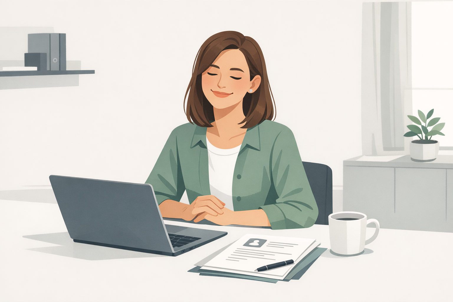 Junge Frau laechelt zufrieden am Laptop nachdem sie ihr Bewerbungsdokument fertiggestellt hat