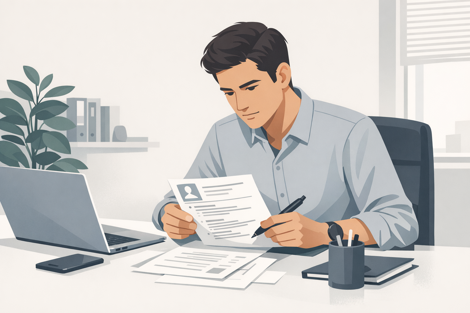 Junger Berufseinsteiger sitzt am Schreibtisch und ueberarbeitet seinen Lebenslauf mit konzentriertem Blick