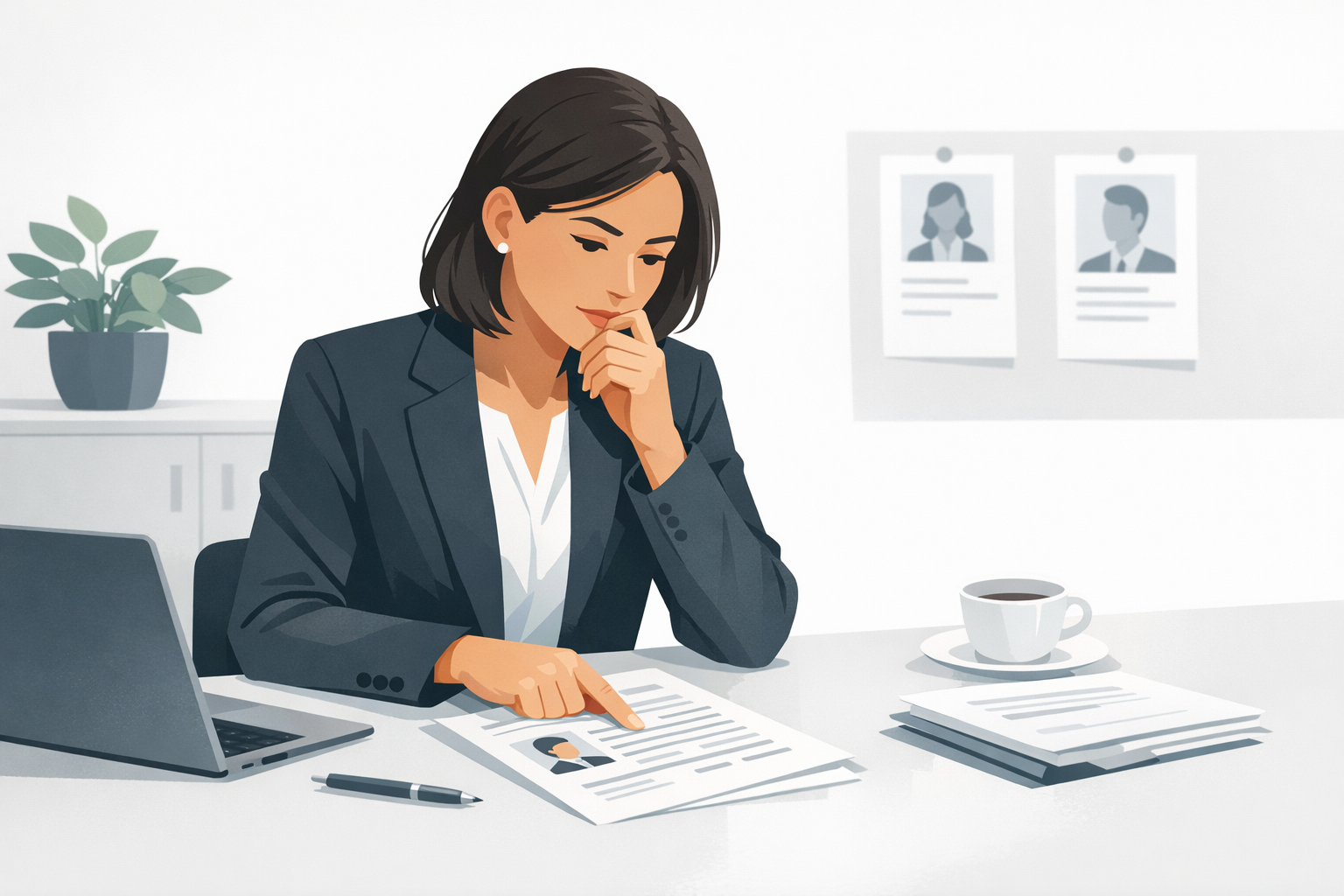 Recruiter schaut nachdenklich auf Bewerbungsunterlagen und tippt auf eine bestimmte Stelle im Dokument