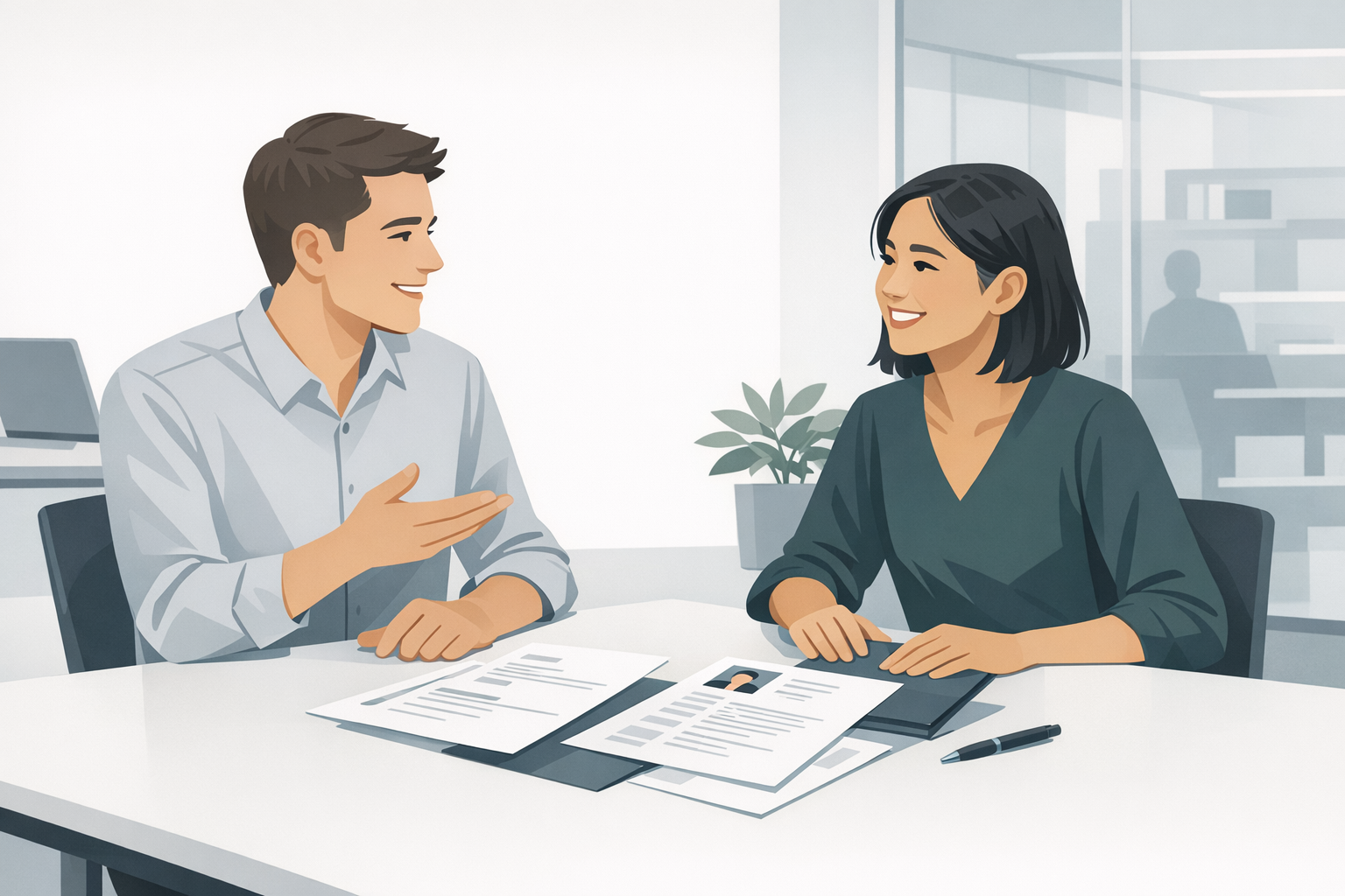 Zwei junge Fachkraefte unterhalten sich locker in einem modernen Buero ueber Bewerbungsunterlagen auf dem Tisch