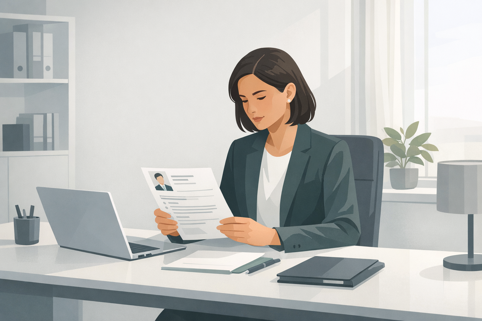 Recruiter liest konzentriert einen Lebenslauf in einem ruhigen Einzelbuero mit weichem Tageslicht