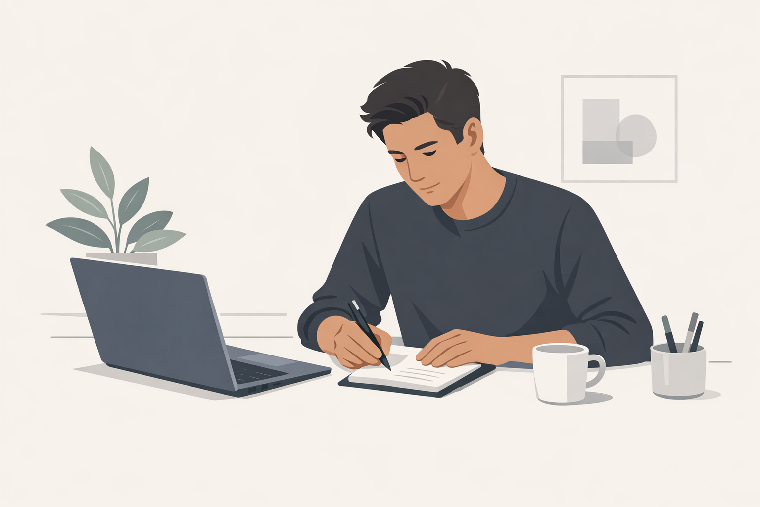 Junger Mann arbeitet am Laptop und notiert sich Stichpunkte auf einem Notizblock