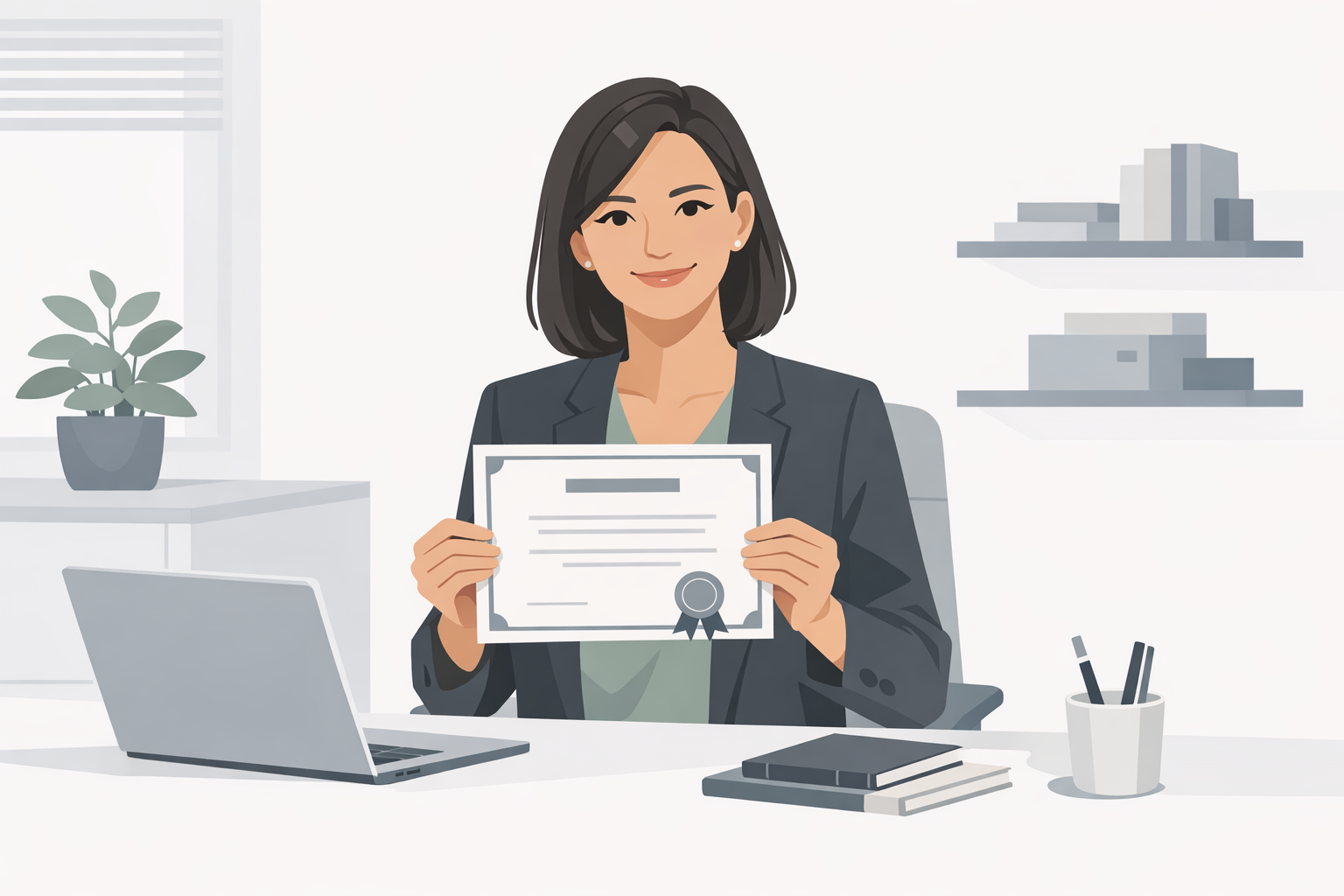 Frau haelt ein Zertifikat in der Hand und laechelt zufrieden an ihrem Arbeitsplatz