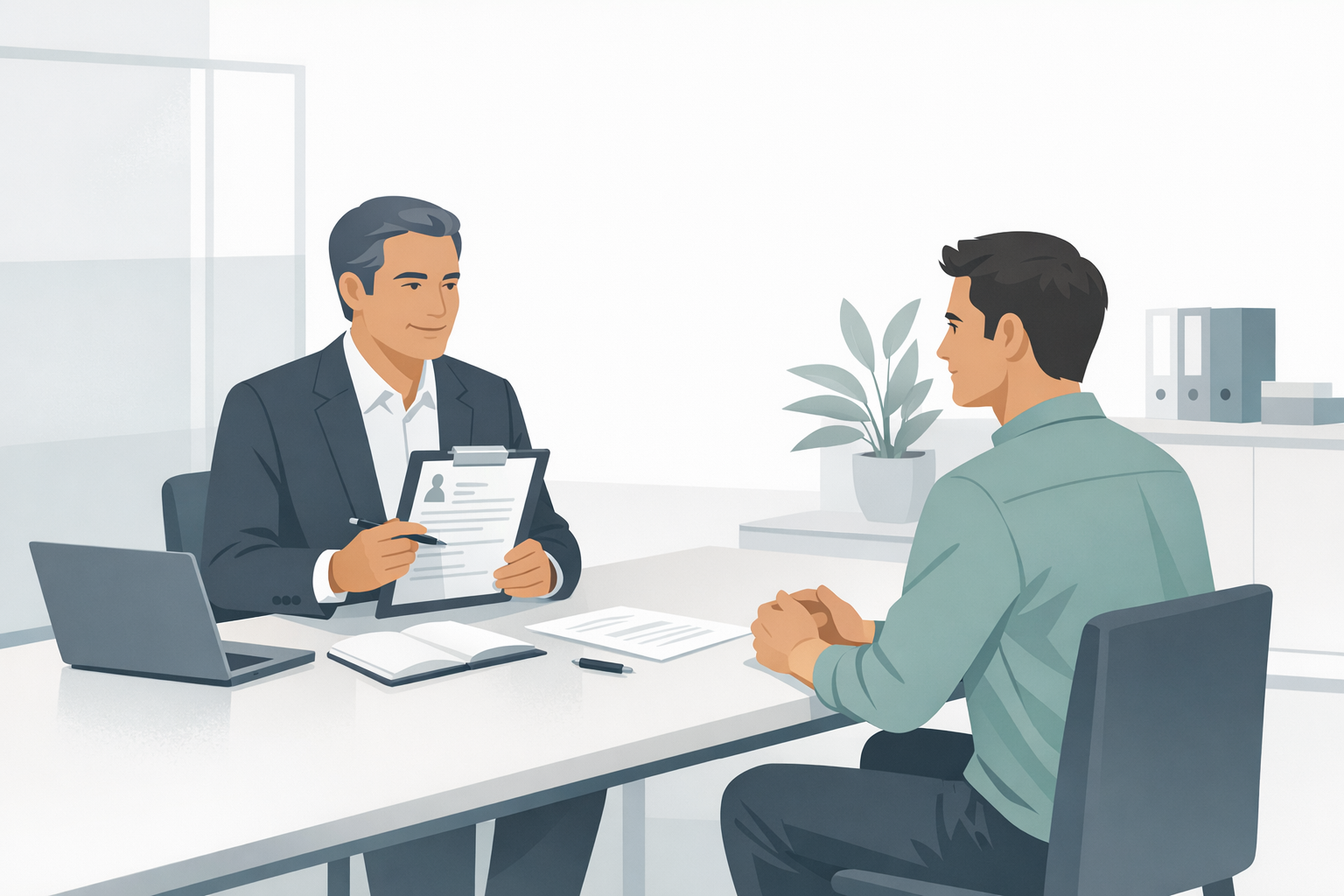 Personaler und Bewerber im Vorstellungsgespraech an einem Tisch mit Unterlagen