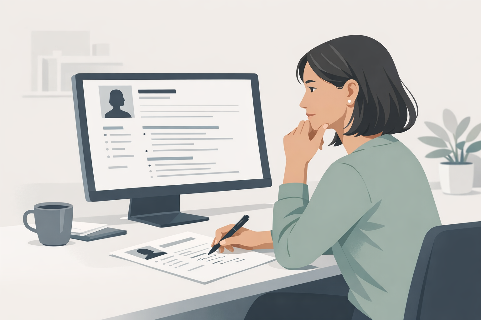 Junge Frau sitzt nachdenklich vor dem Bildschirm und ueberarbeitet ihren Lebenslauf