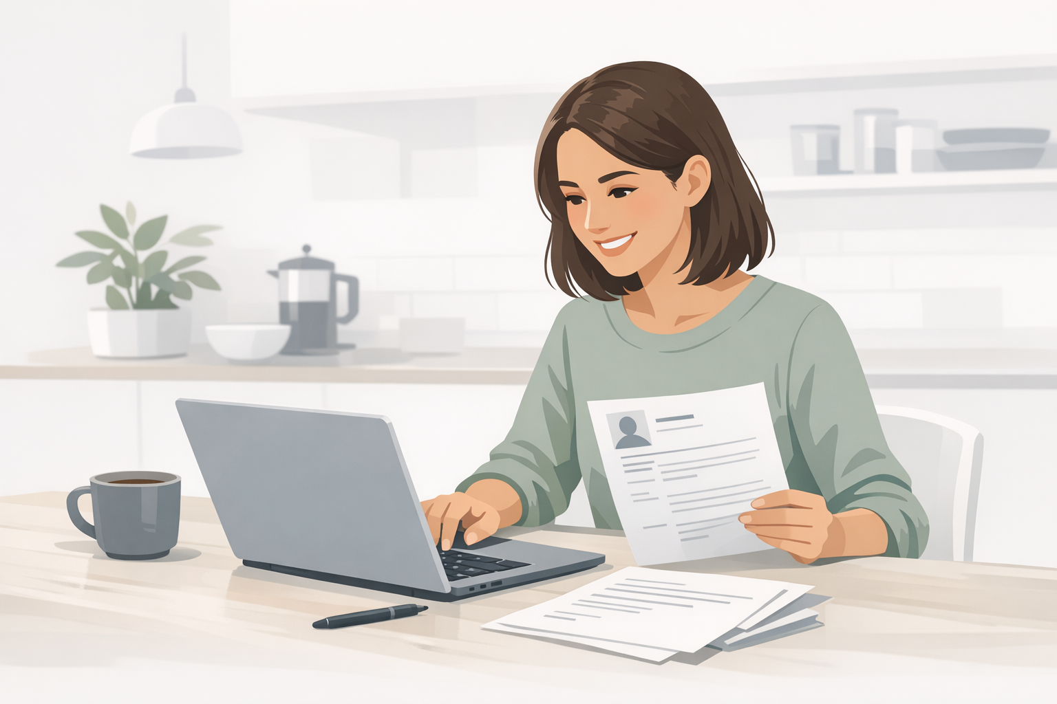 Junge Frau sitzt am Laptop und laechelt beim Bearbeiten ihres Lebenslaufs in heller Kueche