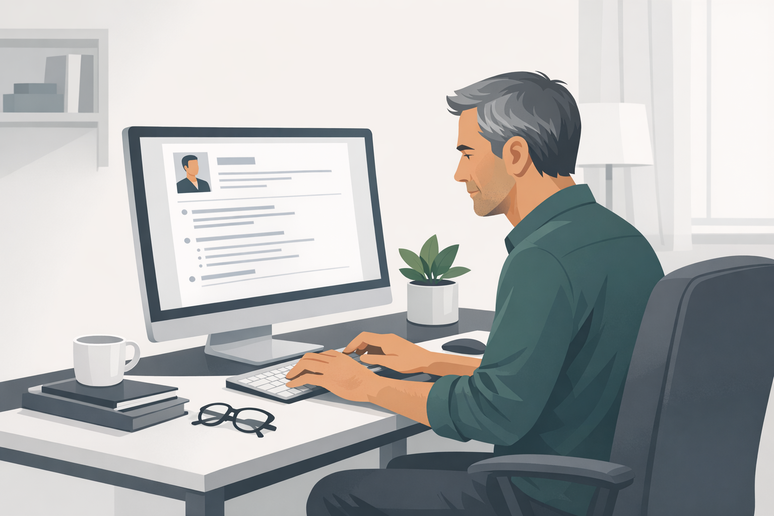 Mann mittleren Alters tippt konzentriert an einem Lebenslauf am Desktop-Computer im Homeoffice