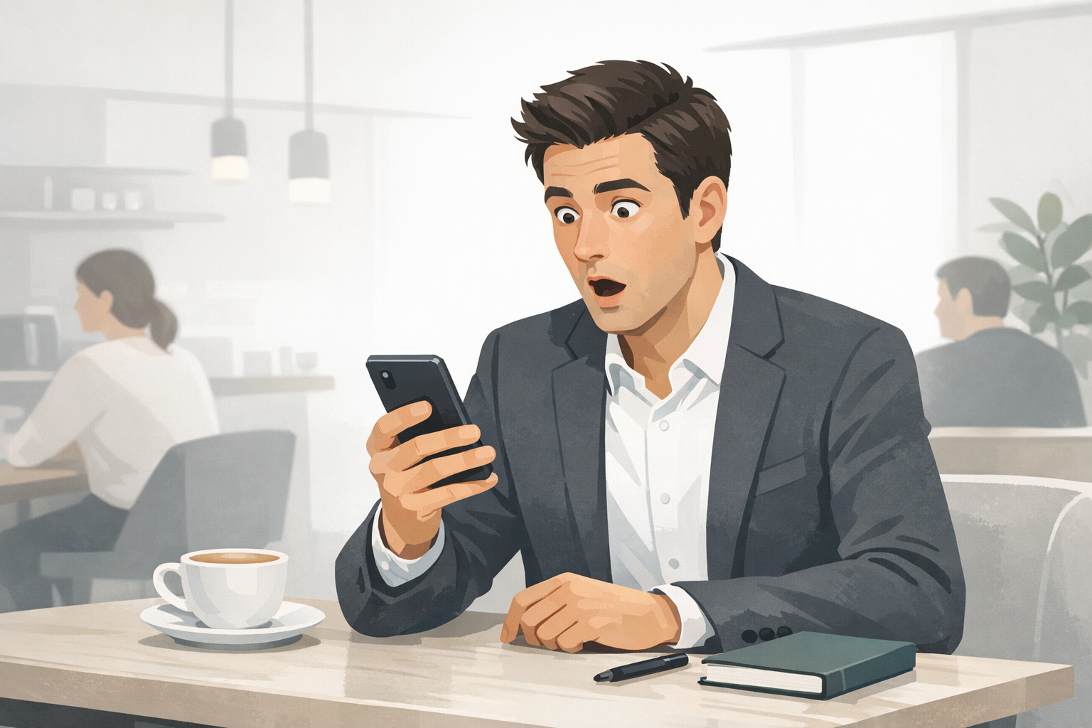 Bewerber schaut ueberrascht auf sein Smartphone-Display mit Analyseergebnis in einem Cafe