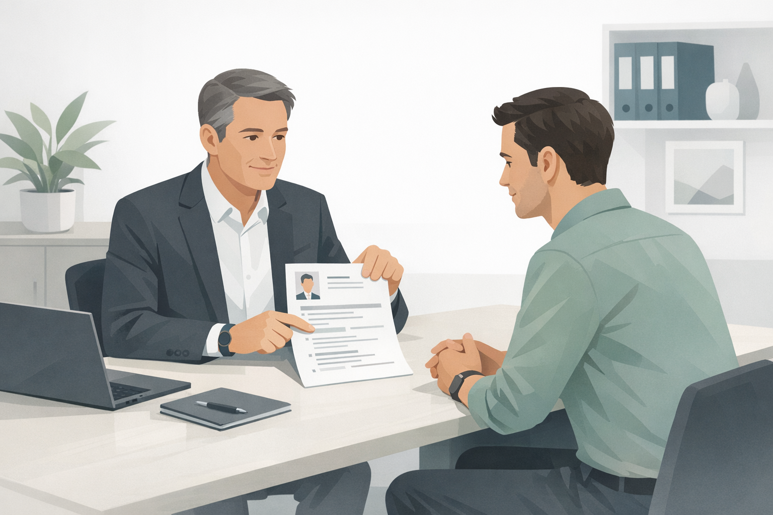 Karriereberater und Bewerber besprechen optimierten Lebenslauf an einem hellen Schreibtisch in einem freundlichen Beratungsbuero