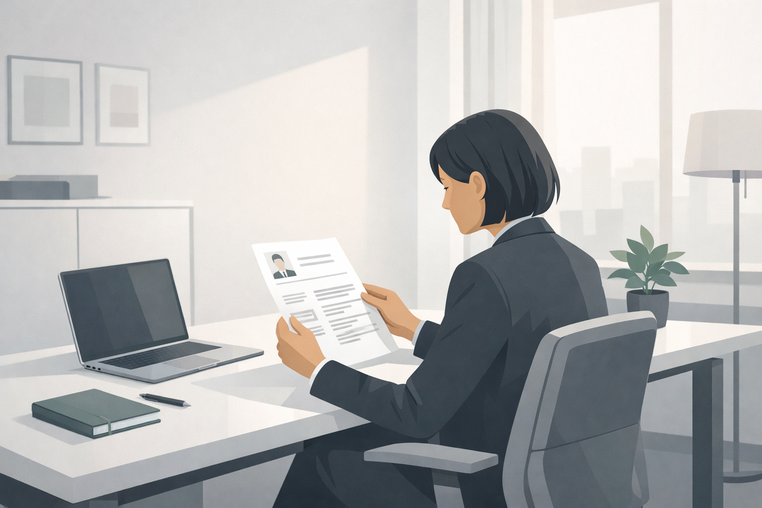 Recruiter liest konzentriert einen Lebenslauf in einem ruhigen Einzelbuero mit weichem Tageslicht