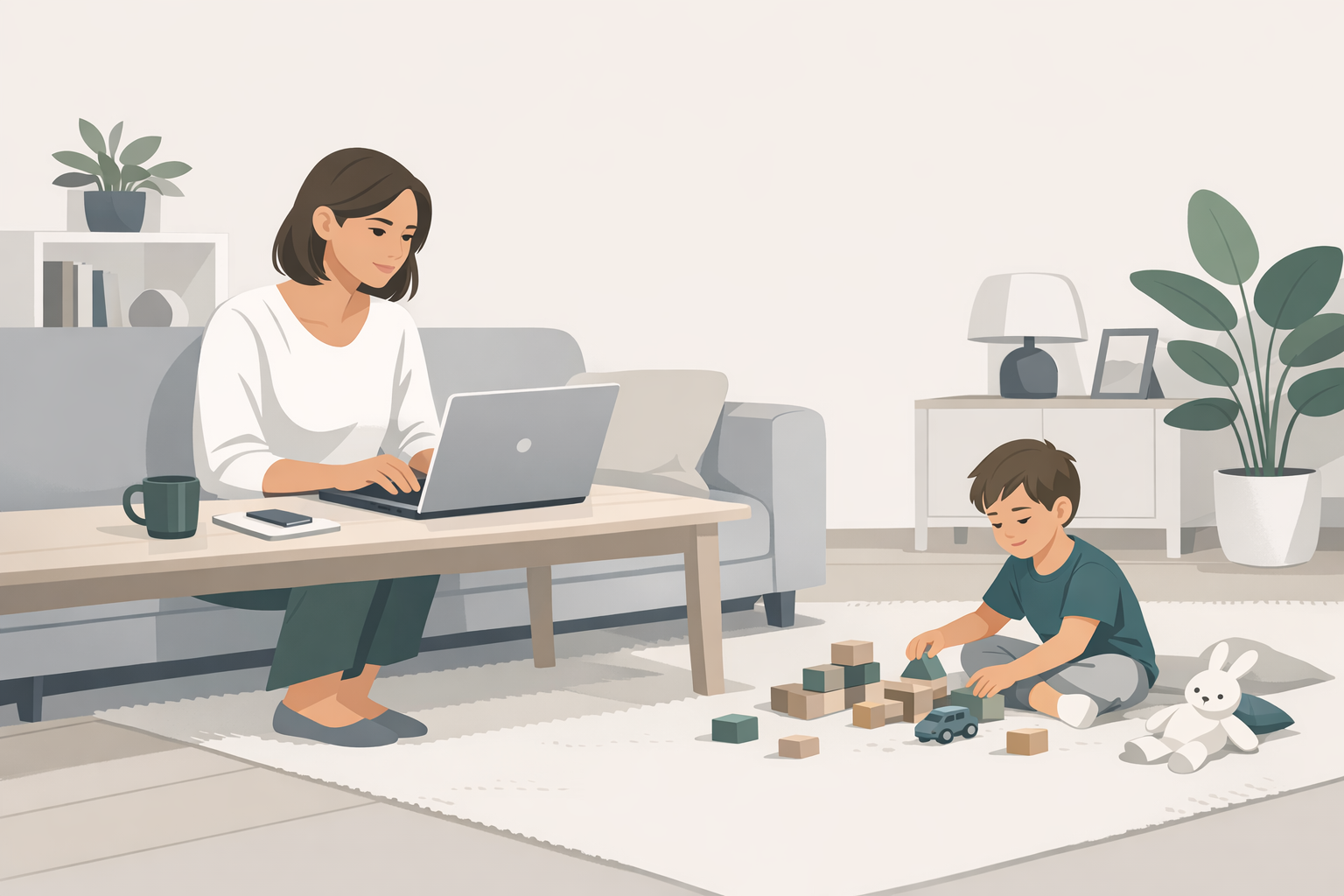 Junge Mutter arbeitet am Laptop waehrend ihr Kind neben ihr spielt im Wohnzimmer