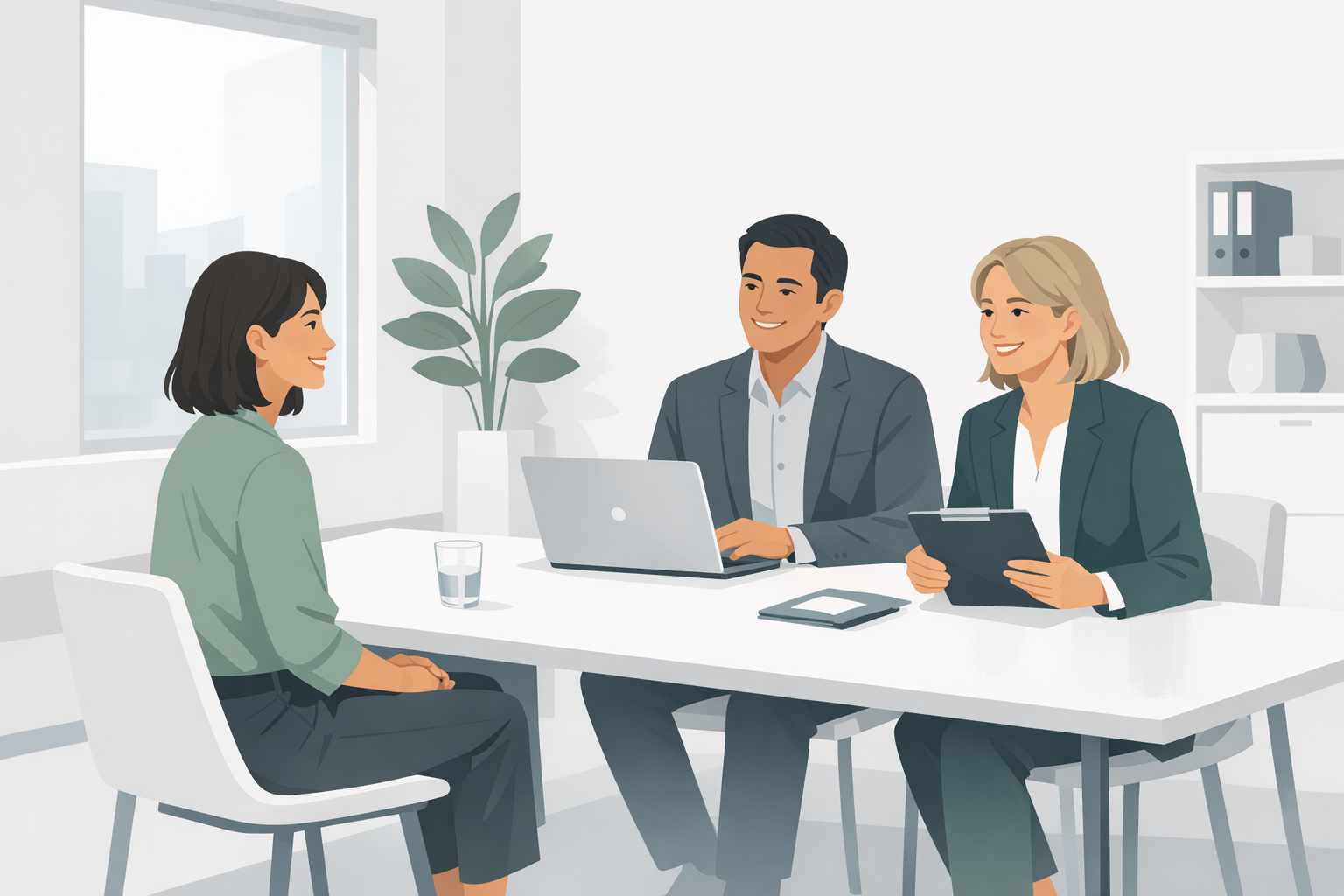 Personaler fuehren ein freundliches Vorstellungsgespraech in hellem Buero