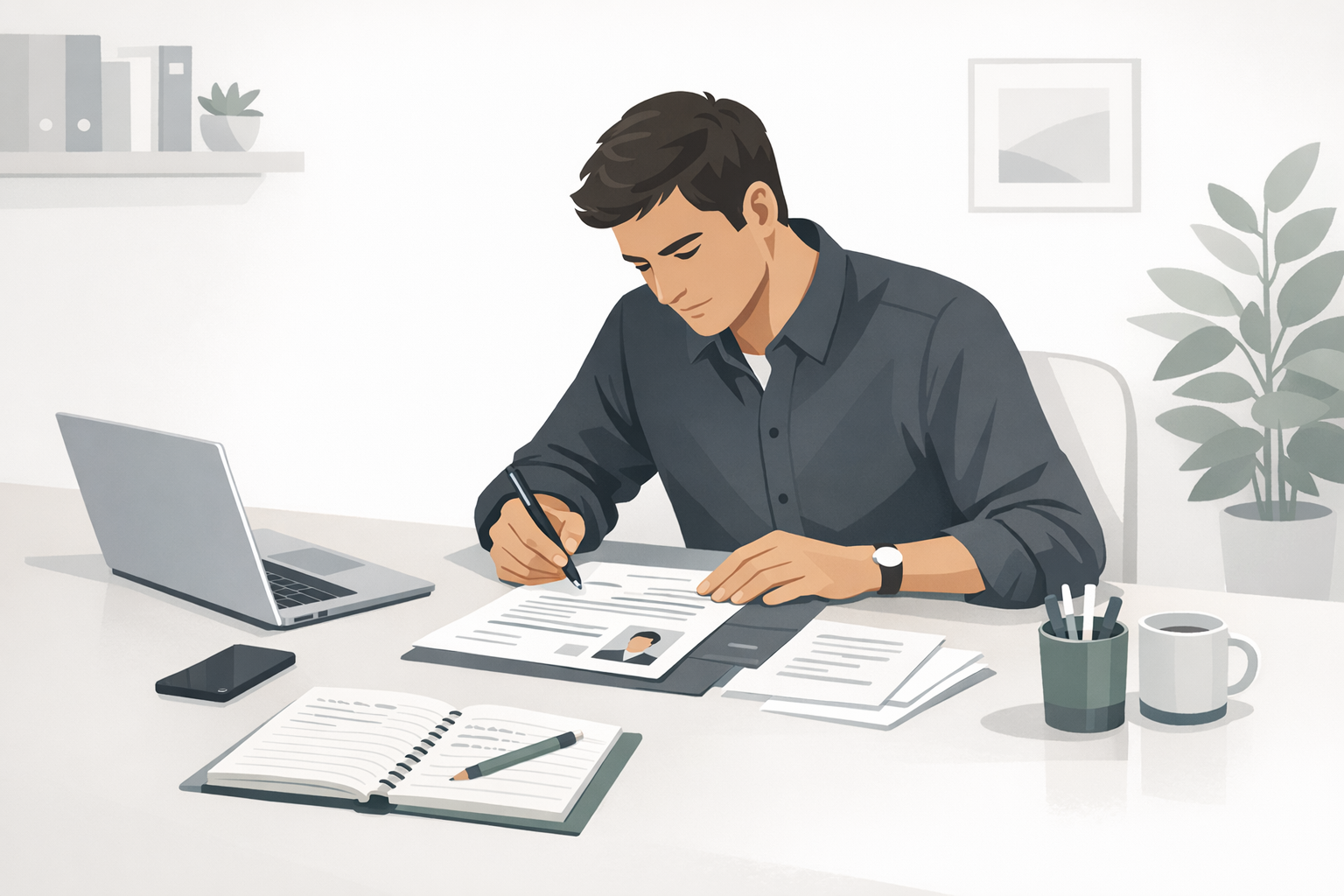 Junger Mann ueberarbeitet seine Bewerbungsunterlagen konzentriert am Schreibtisch mit Notizen