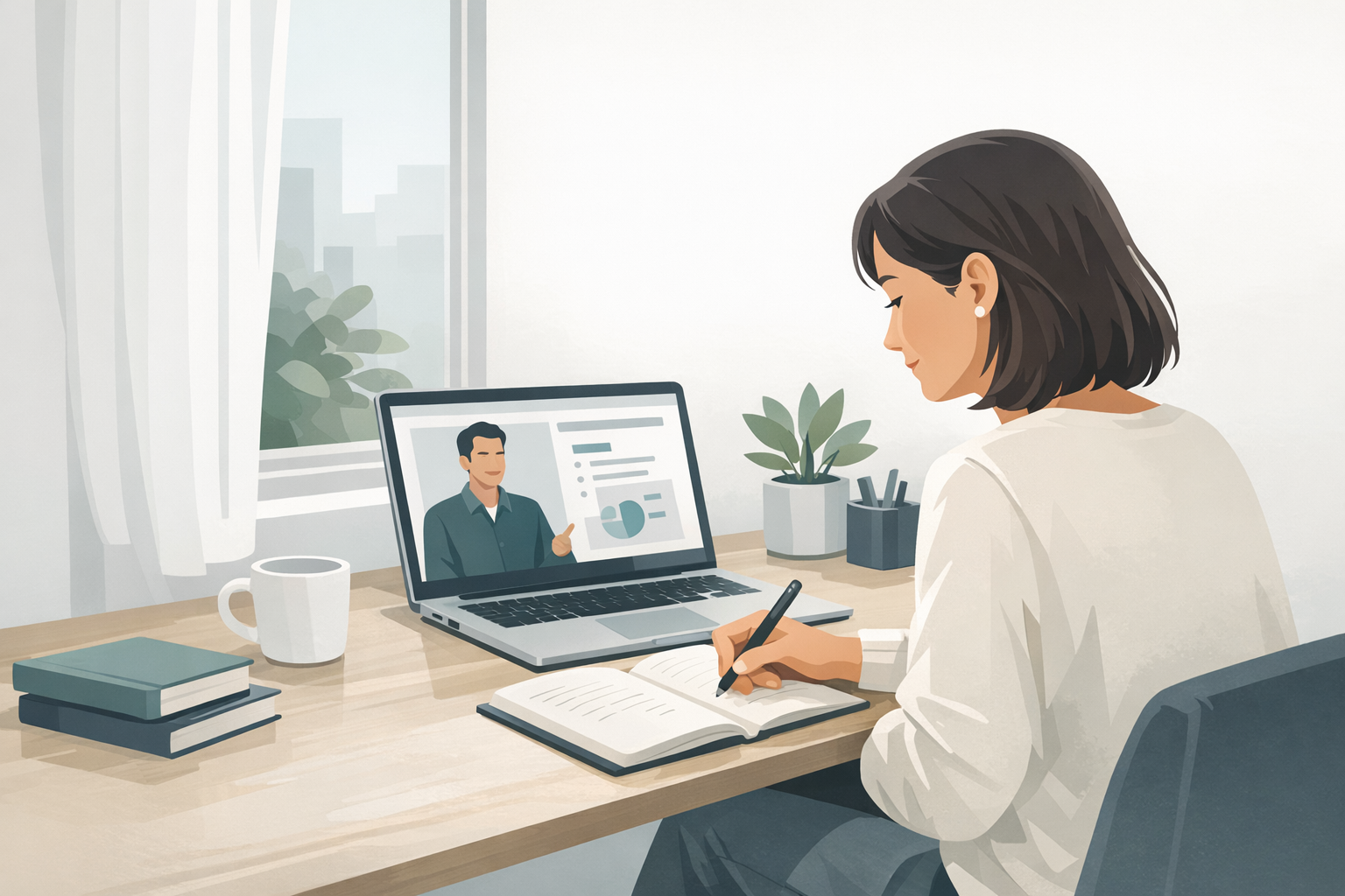 Frau schreibt Notizen waehrend eines Online-Kurses am Laptop an einem Schreibtisch am Fenster in ihrer Wohnung