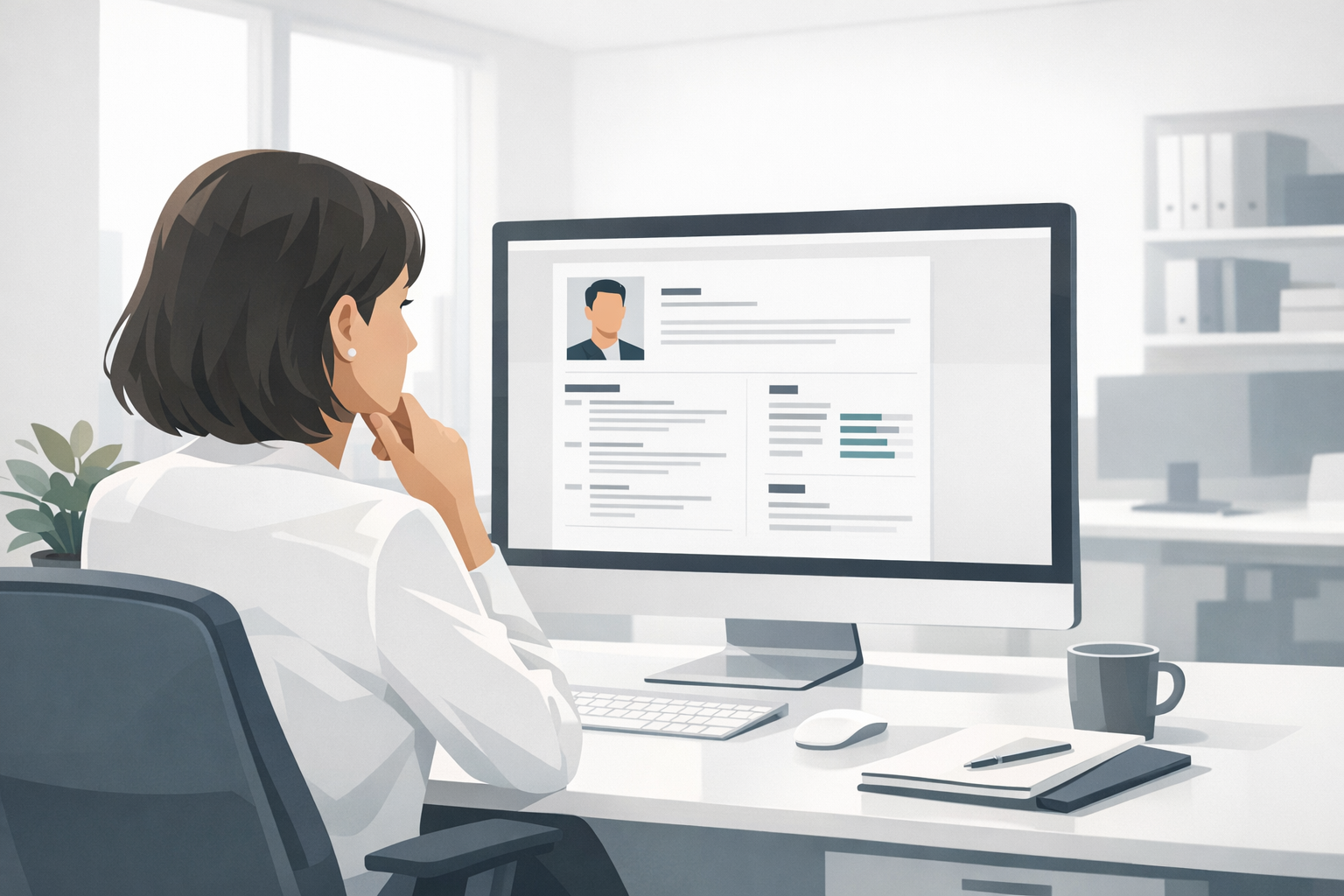 Recruiter betrachtet konzentriert einen modernen Lebenslauf auf ihrem Bildschirm im hellen Buero