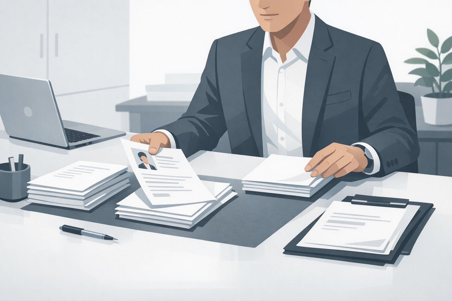 Personaler sortiert Bewerbungsunterlagen auf dem Schreibtisch und legt einige beiseite